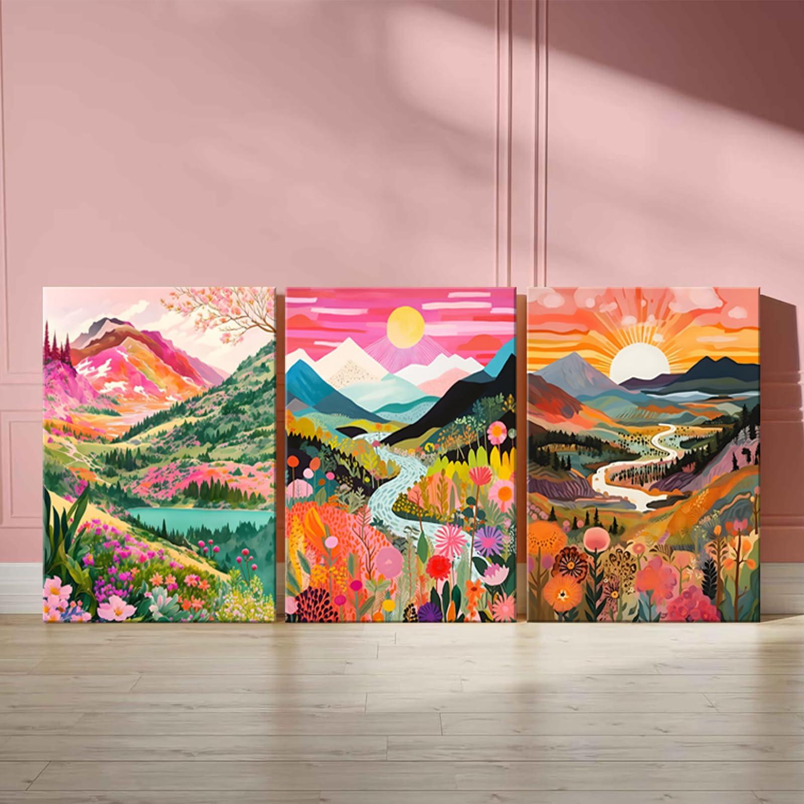 3Pcs Colorful Watercolor Mountain Canvas Wall Art Boho Floral Painting Picture Wall Decor Abstract Nature Landscape Poster Print Artwork for Living Room Bedroom Bathroom Office Home Decoration - Image 3