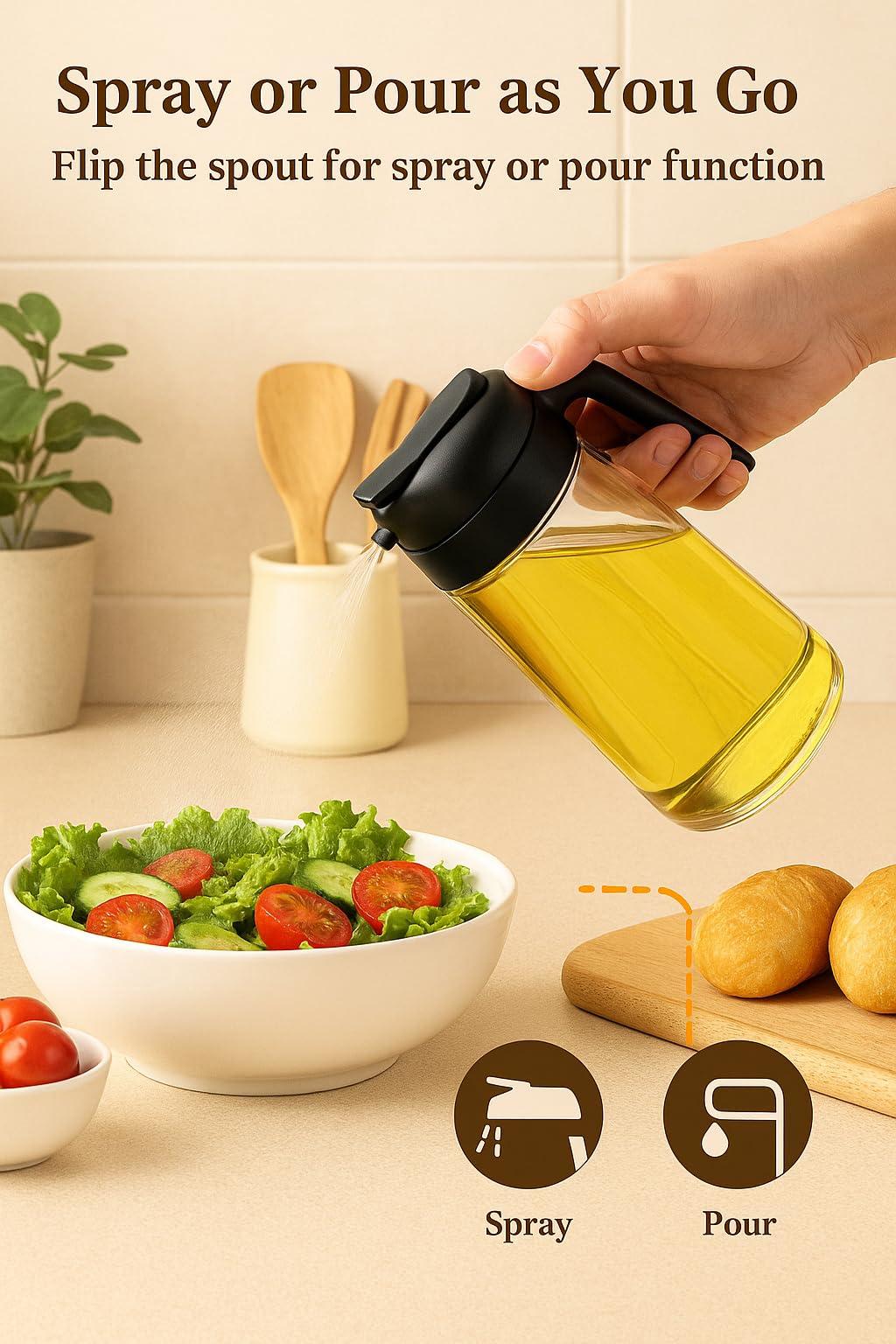 SAHAL EDGE MART 2025 New 2-in-1 Olive Oil & Vinegar Sprayer & Dispenser - 16oz Glass Bottle with Adjustable Nozzle | Refillable Non-Drip Spray Bottles for Cooking, BBQ, Salad & Air Fryer - Black - Image 6