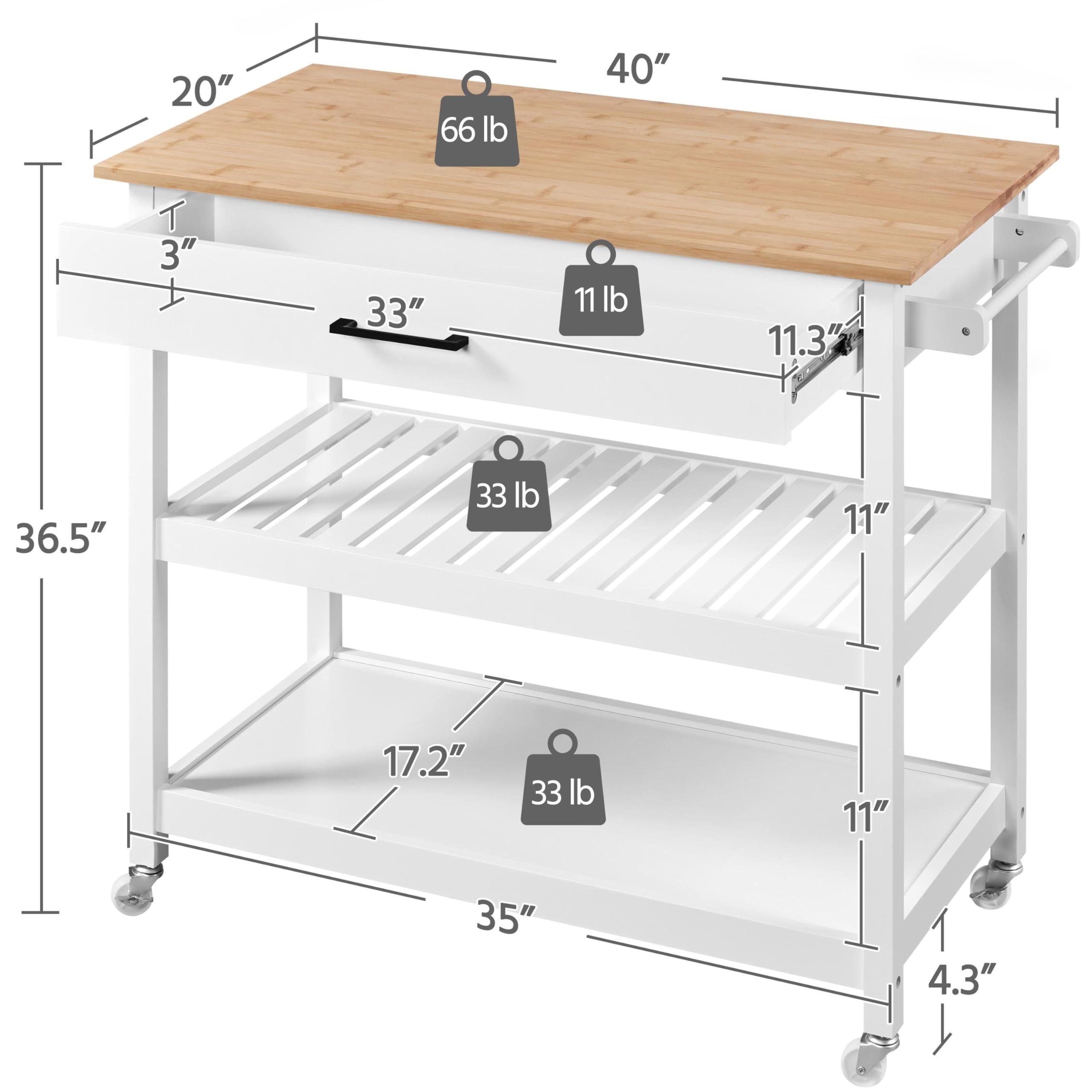 Yaheetech 40" Width Kitchen Island Cart on Wheels, 3 Tiers Rolling Utility Cart with Solid Wood Top and Drawer & 2 Spacious Storage Shelf, Serving Trolley for Dining Room, White - Image 3