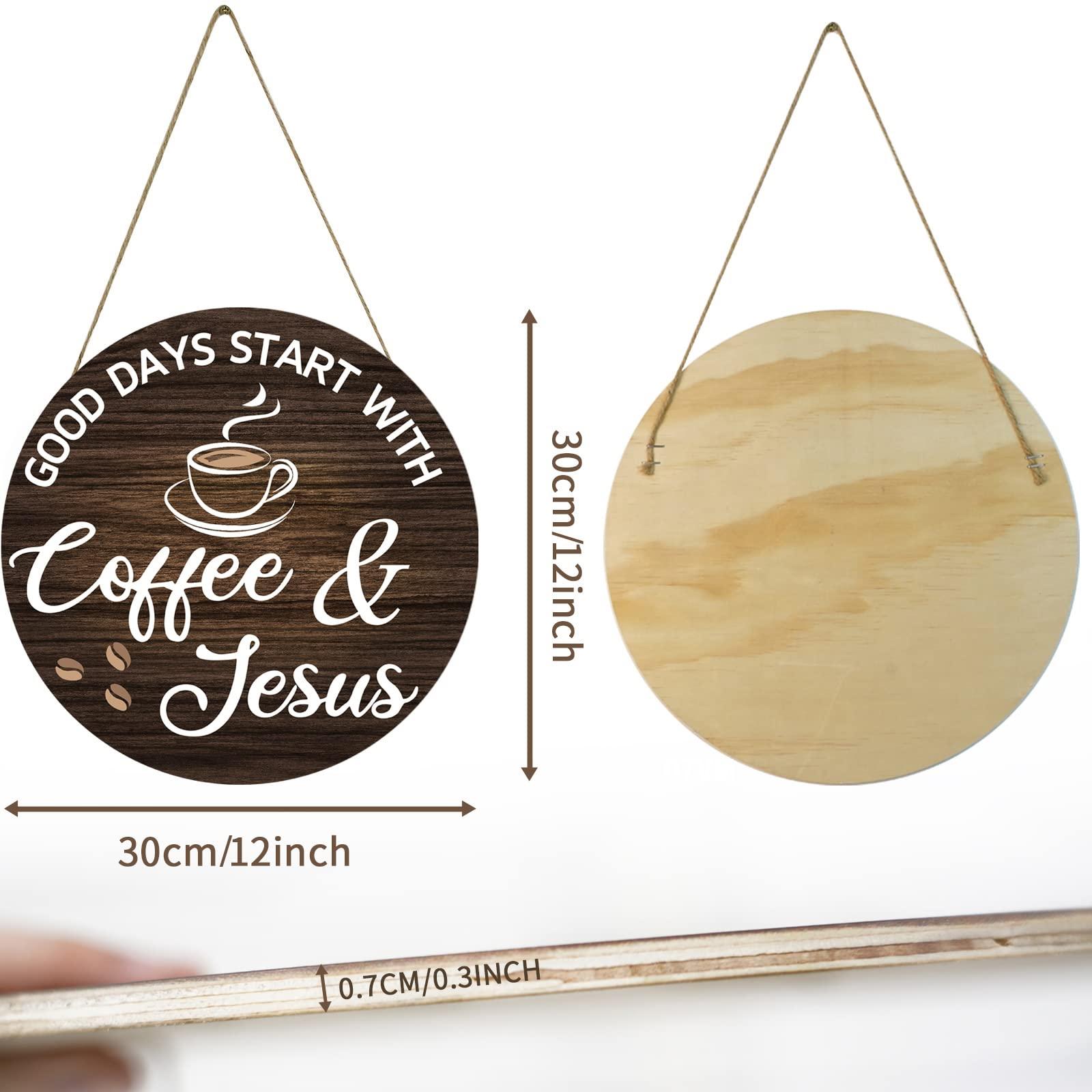 HMASYO Coffee Signs Decor for Coffee Bar, Good Days Start with Coffee & Jesus, Wood Farmhouse Wall Sign Coffee Bar Decor for Kitchen, Home, Office, Cafe, Coffee Station Housewarming Gift, 12'' x 12'' - Image 3