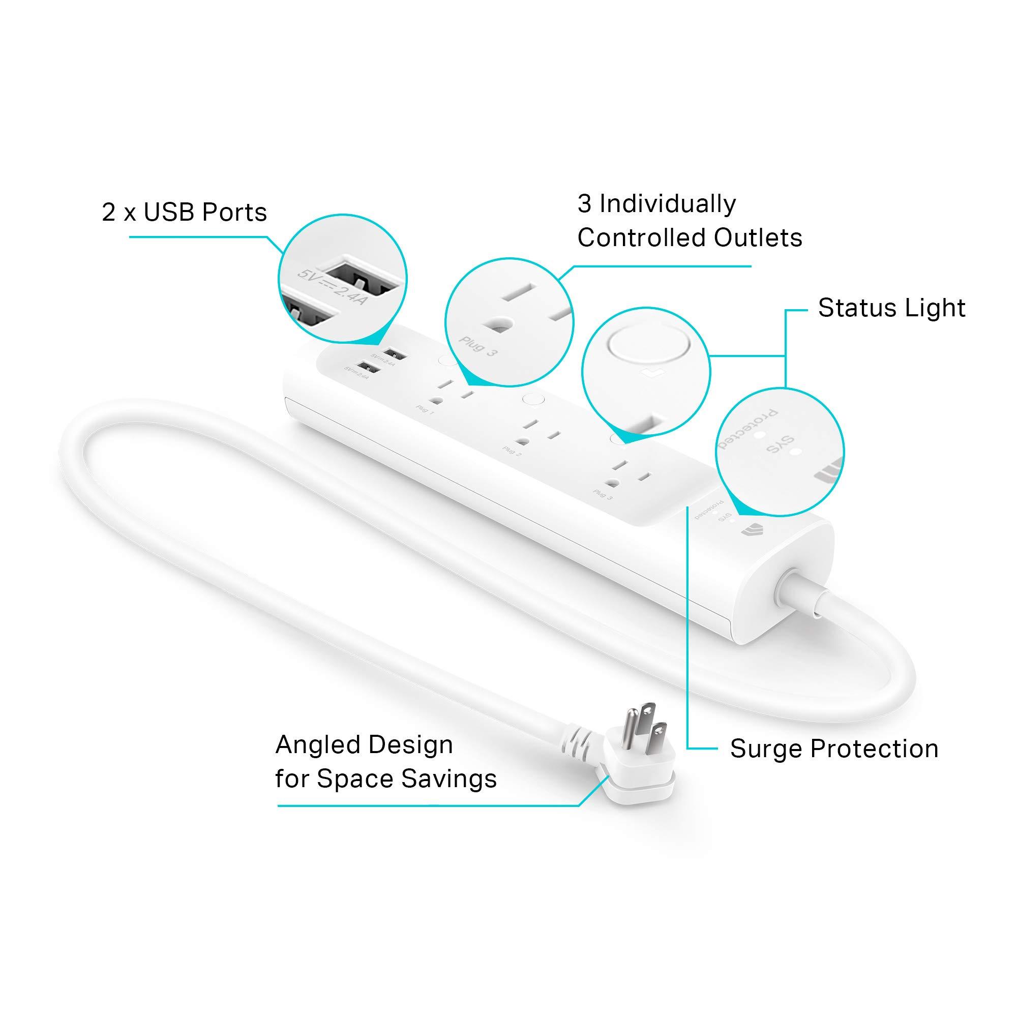 Kasa Smart Plug Power Strip KP303, Surge Protector with 3 Individually Controlled Smart Outlets and 2 USB Ports, Works with Alexa & Google Home, No Hub Required , White - Image 3