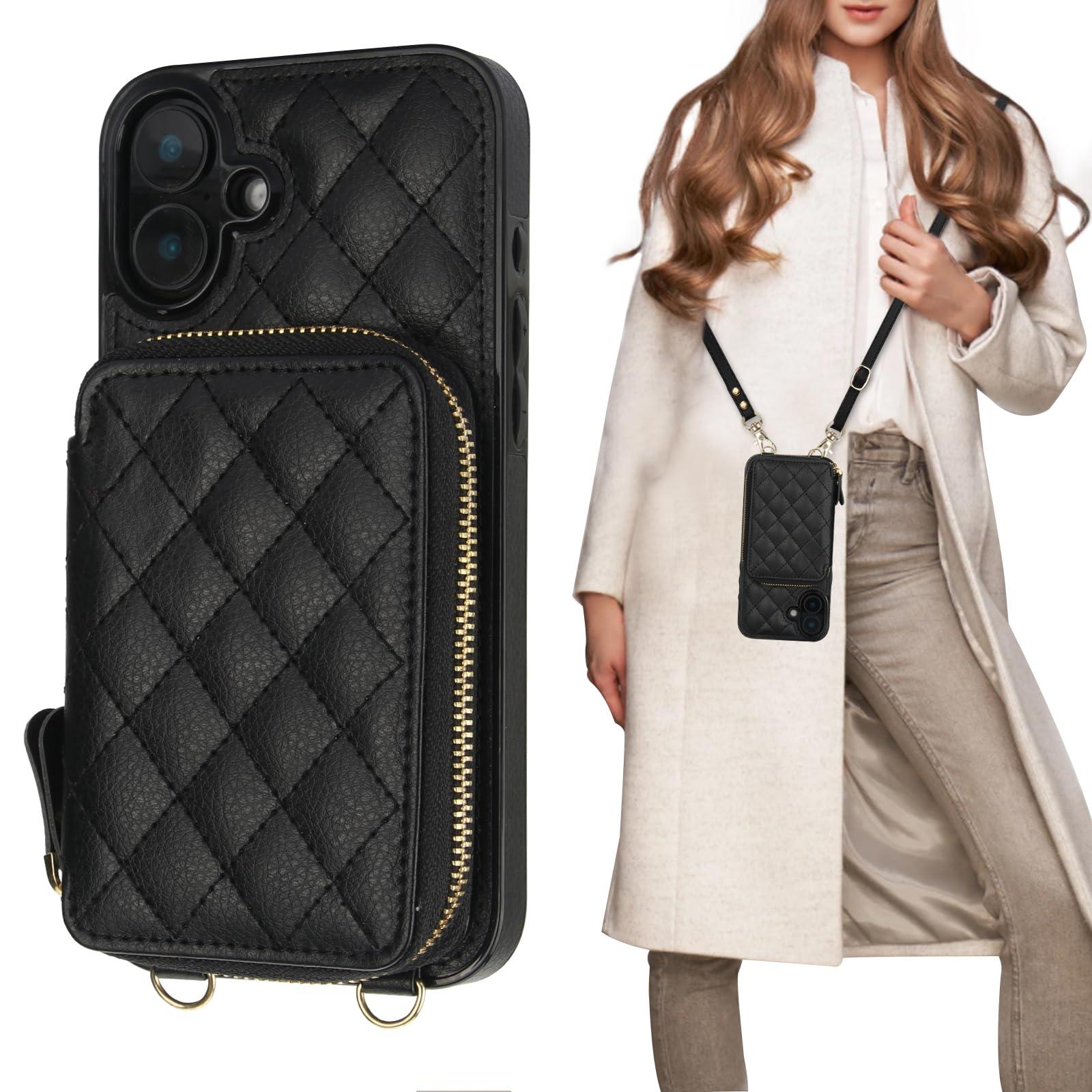 Bocasal Crossbody Wallet Case for iPhone 16 Plus, RFID Blocking PU Leather Zipper Handbag Purse Flip Cover, Kickstand Folio Case with Card Slots Holder Wrist Strap Lanyard 5G 6.7 Inch (Black)