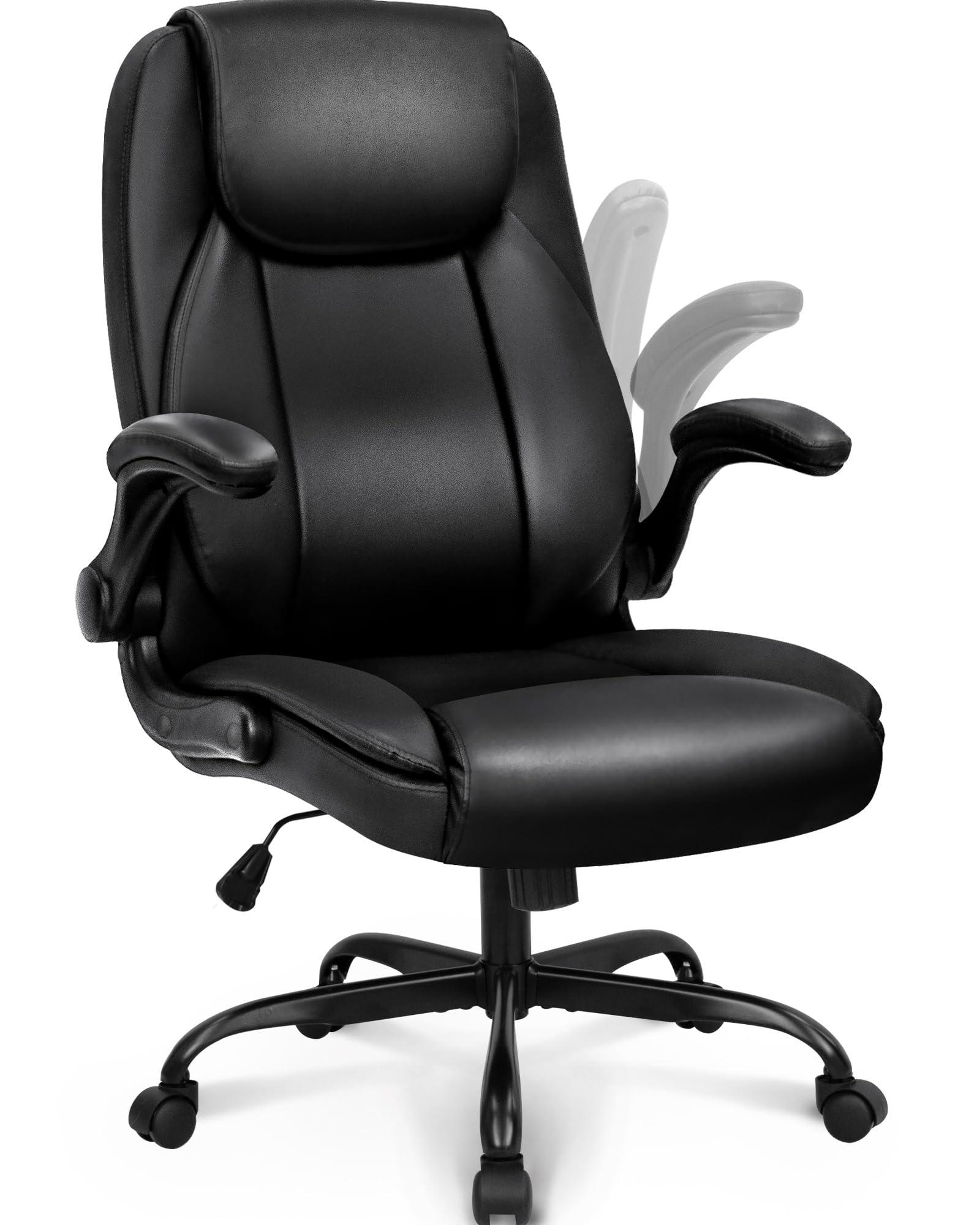 NEO CHAIR Ergonomic Office Desk Gaming Computer Chair Executive High Back Support Flip-up Arms Adjustable Height Swivel Rolling Wheels Comfy PU Leather for Home (Black)
