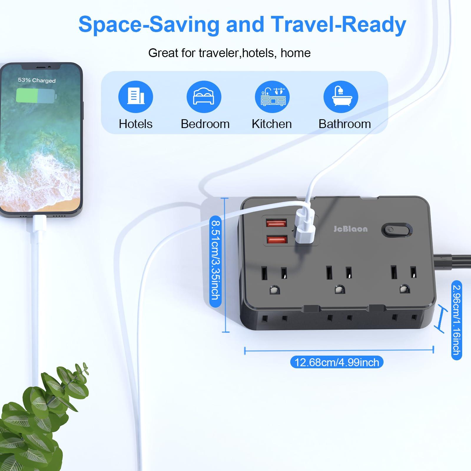 Flat Plug Power Strip Surge Protector, 5ft Ultra Thin Extension Cord with 4 USB Wall Charger(2 USB C Port), 6 Widely-Spaced Outlets Power Strip Compact for Travel, Office, Dorm Room Essentials (Black) - Image 5
