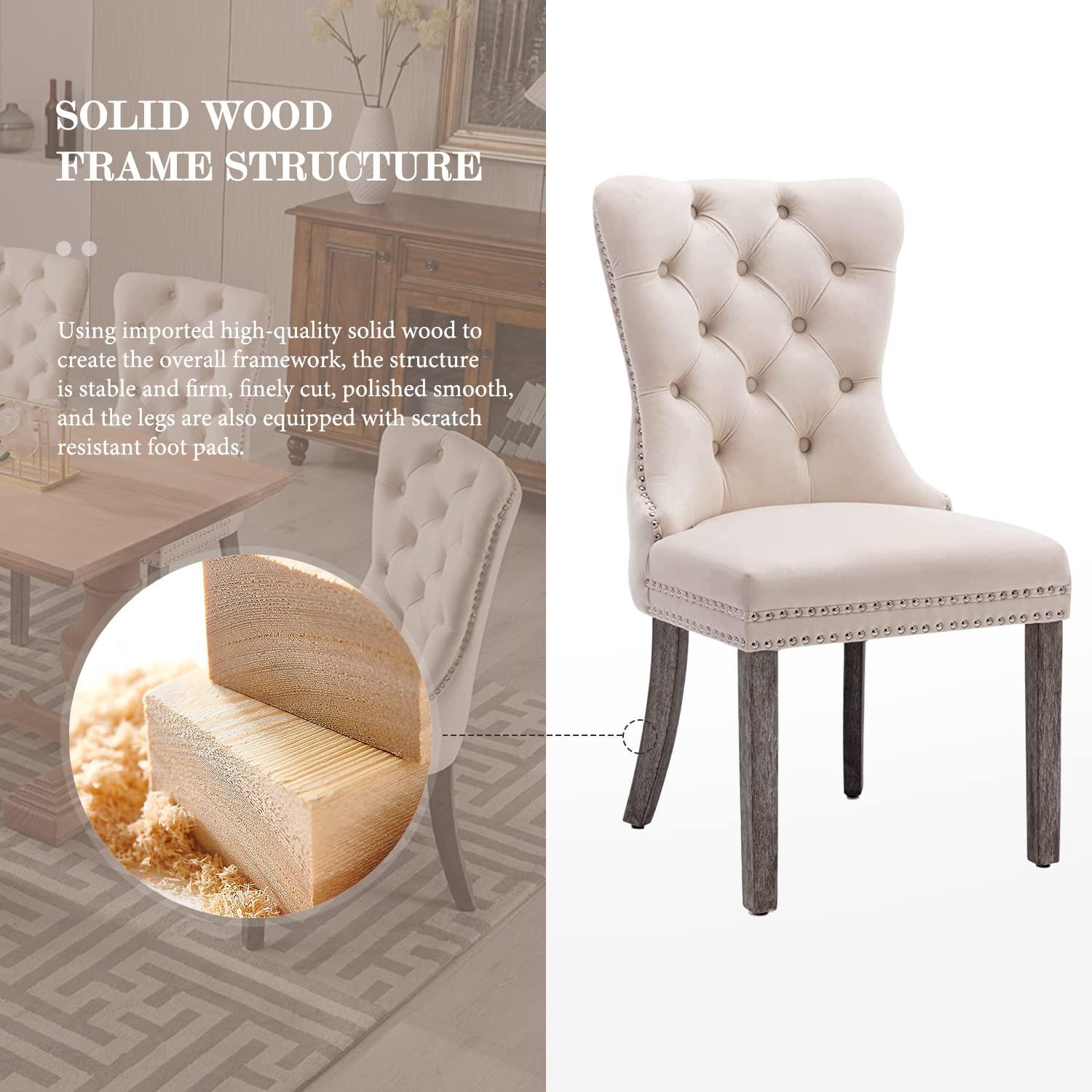 Eifizek Velvet Dining Chairs Set of 4, Tufted Dining Room Chairs with Nailhead Ring Pull Trim, Upholstered Dining Chairs with Solid Wood Legs for Kitchen Dining Room (Beige) - Image 8