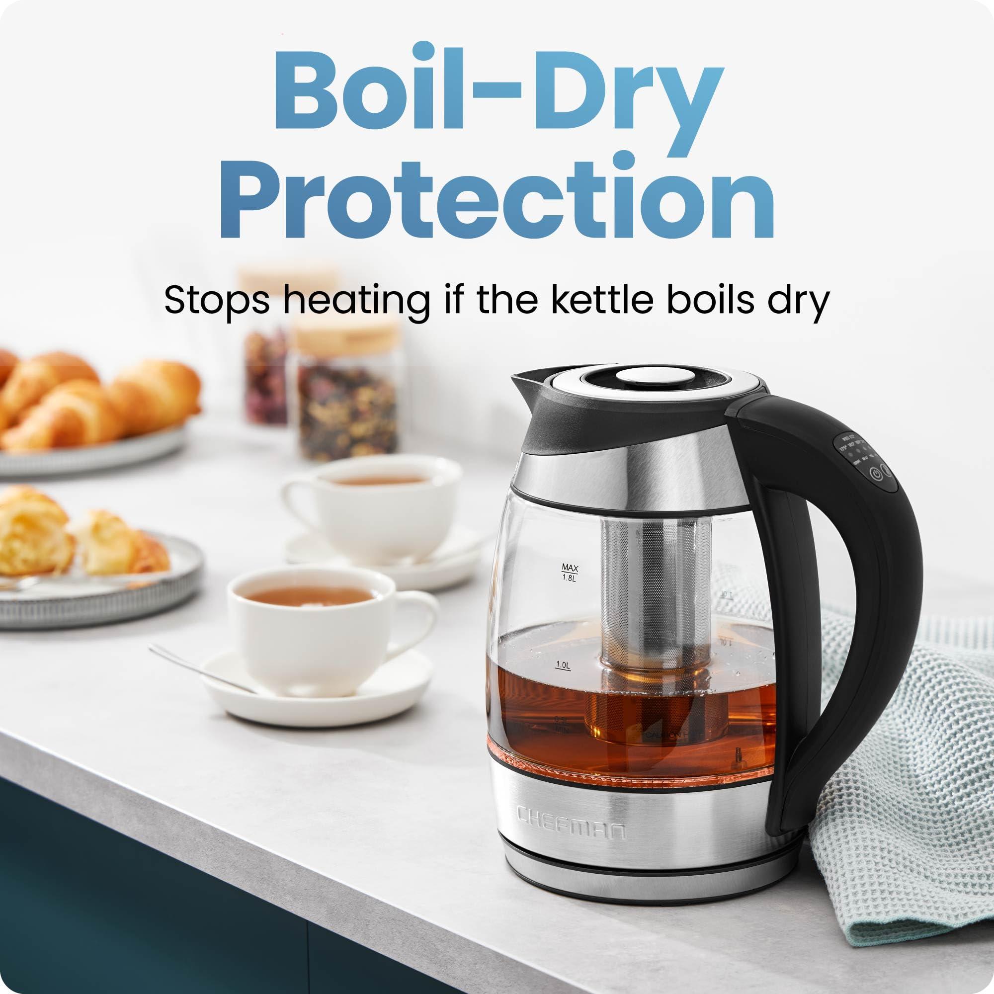 Chefman Electric Kettle with Temperature Control, 5 Presets LED Indicator Lights, Removable Tea Infuser, Glass Tea Kettle & Hot Water Boiler, 360° Swivel Base, BPA Free, Stainless Steel, 1.8 Liters - Image 7