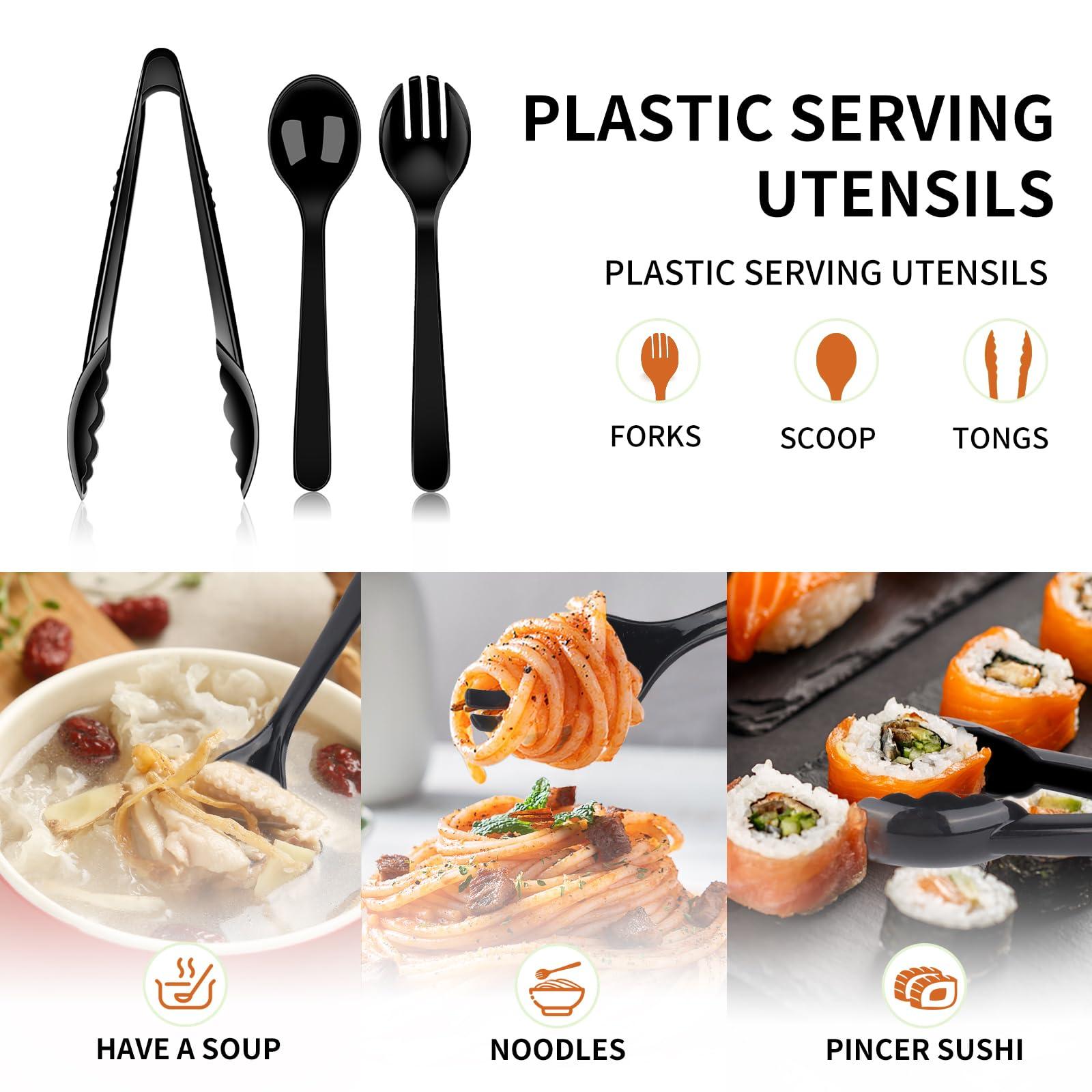 36 PCS Disposable Serving Utensils for Party - 12 Set Including Black Plastic Spoons, Tongs and Forks - Image 4
