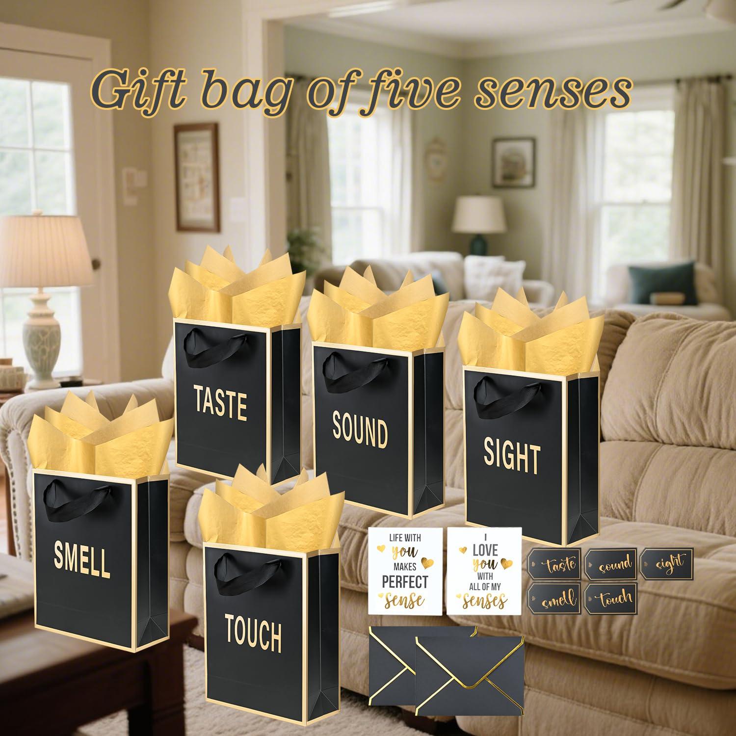Gold Foil 5 Senses Gift Bags for Him Her with Labels Envelopes and Cards, Sight Smell Touch Taste Sound Gift Bags with Tissue Handle for Birthday, Anniversary, Mother's Day, Valentine's Day(9x7x3.15inch) - Image 7