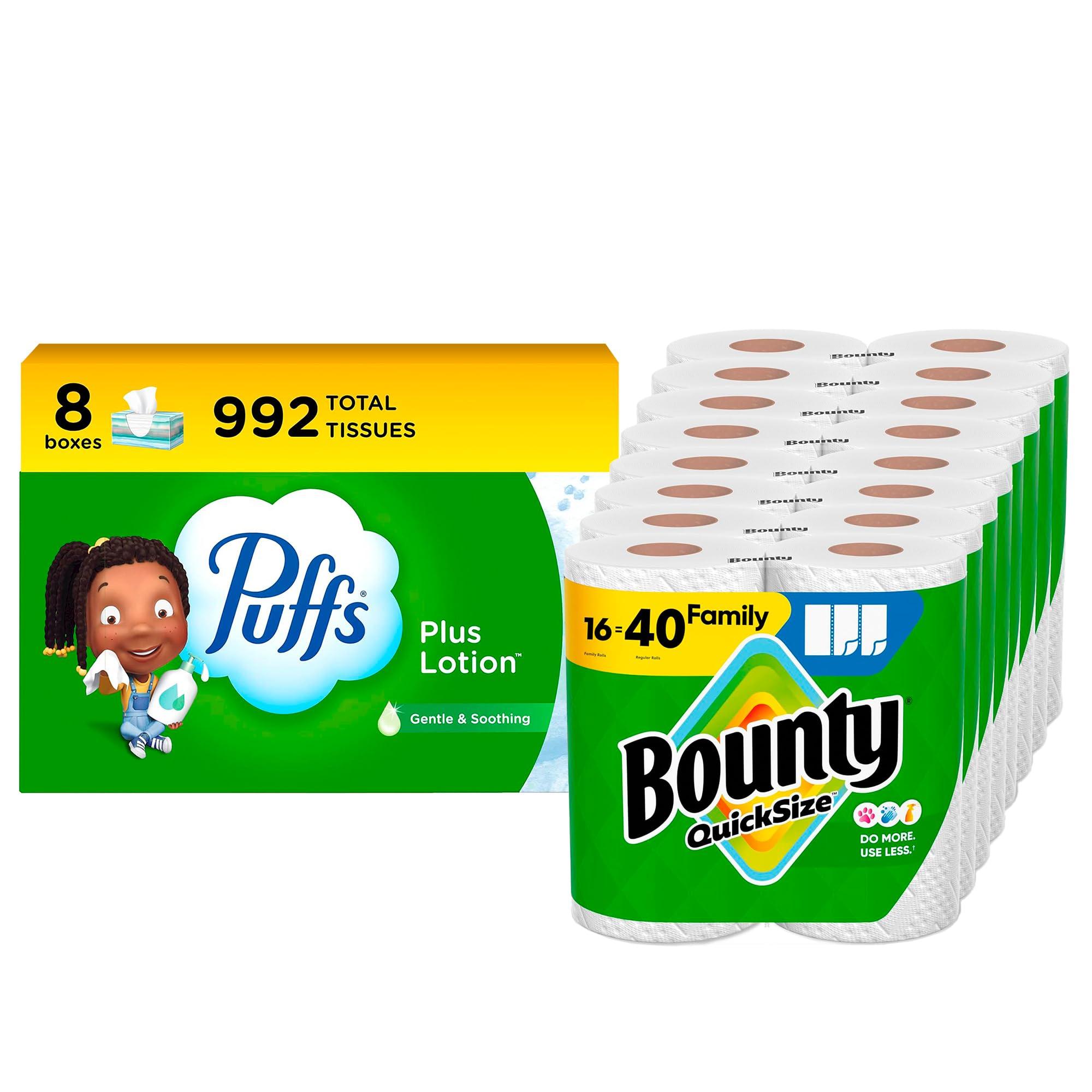 Bounty Paper Towels Quick Size, White, 16 Family Rolls = 40 Regular Rolls (Packaging May Vary) + Puffs Plus Lotion Facial Tissues, 8 Family Boxes, 124 Facial Tissues per Box