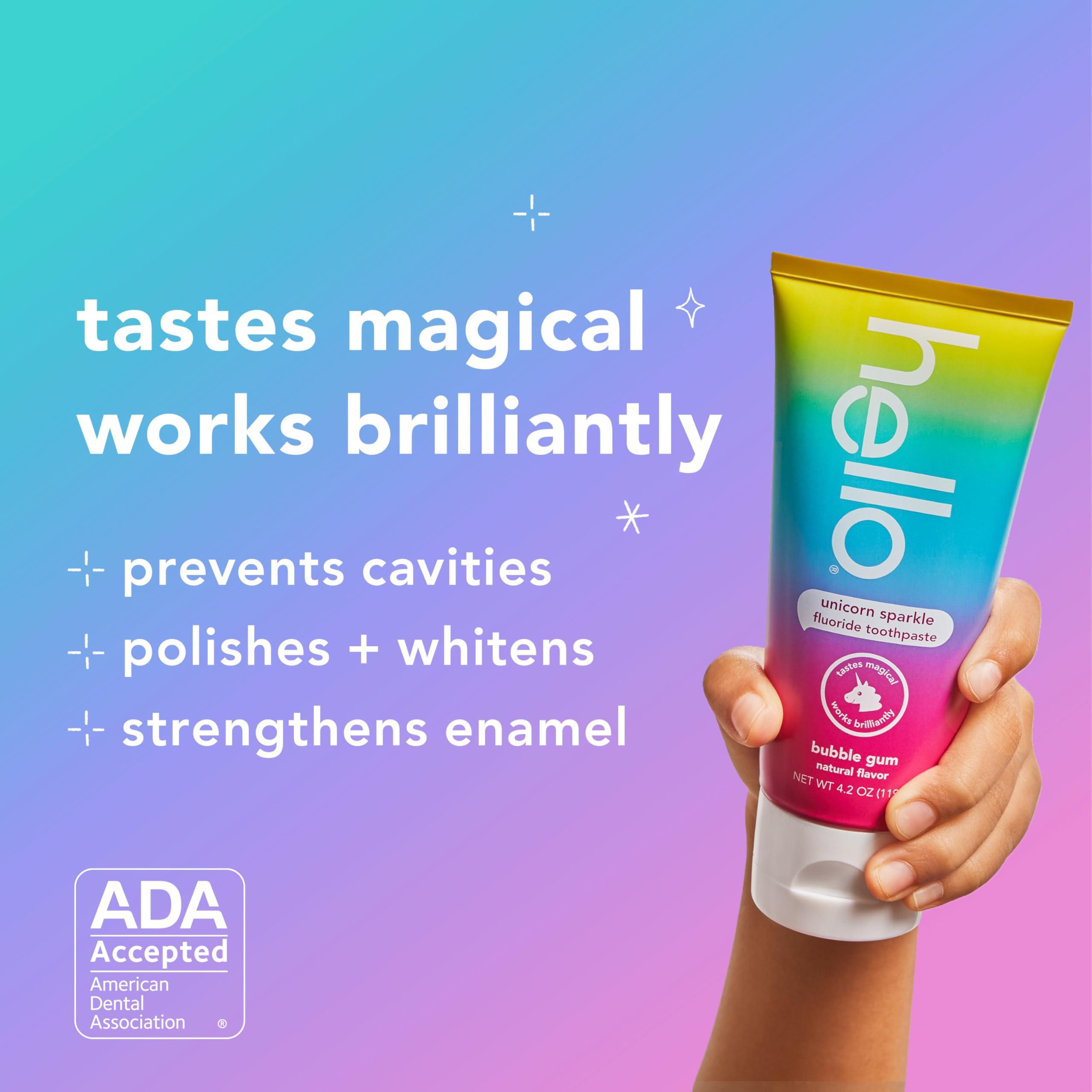 hello Unicorn Sparkle Kids Fluoride Toothpaste, Natural Bubble Gum Flavor, ADA Approved, Ages 2+, No Artificial Sweeteners, No SLS, Gluten Free, Vegan, Pack of 3, 4.2 oz Tubes - Image 4