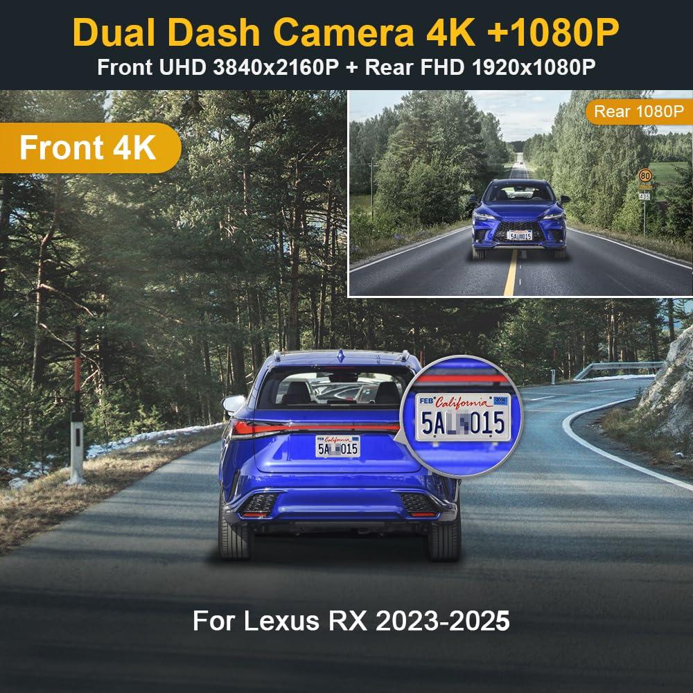 Fitcamx Front 4K+Rear 1080P Dash Cam for 2023 2024 2025 Lexus RX350 RX350h RX500h Premium Luxury F Sport (Gen5/AL30), Integrated OEM Look, Dual HD Video, WiFi&APP, Loop Recording, G-Sensor, 128GB Card - Image 2