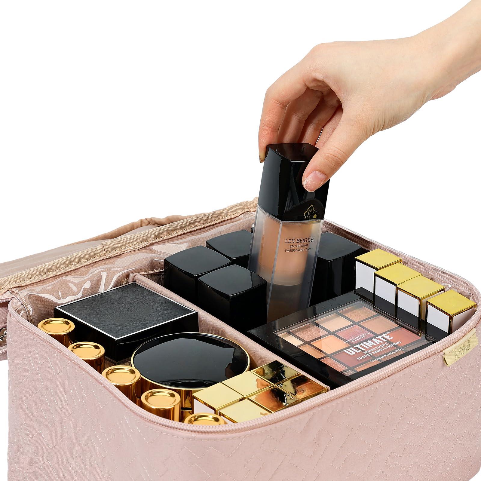 NISHEL Large Double Layer Travel Makeup Bag Women, Cosmetic Case, Organizer for Travel-Size Accessories Bottles, Brushes, Conditioner, and Skin Care Products, Pink - Image 5