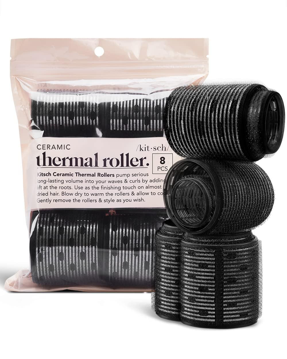 Kitsch Ceramic Thermal Hair Rollers for Women - Self Grip Rollers for Blowout Look Long Hair, Curlers for Medium & Short Hair, Large Roller for Volume Curls, Ceramic Coated, Easy to Use - 8pcs, Black