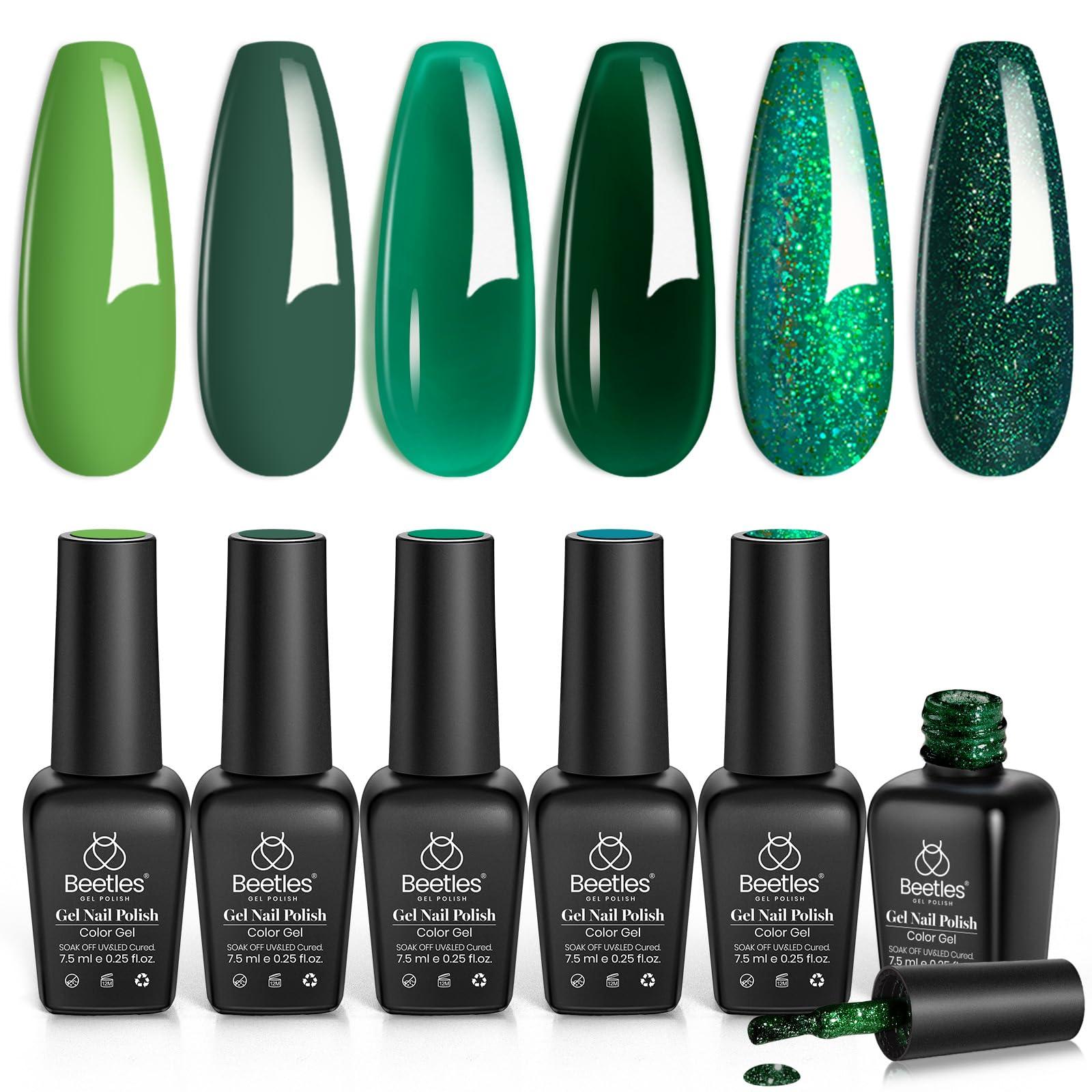 Beetles Carnival Evergreen Gel Nail Polish Set 6 Pcs Glitter Green Sparkle Gel Polish Kit Soak Off UV Nail Lamp Avocado Dark Green Nail Gel Nail Kit Nail Art Design - Image 8