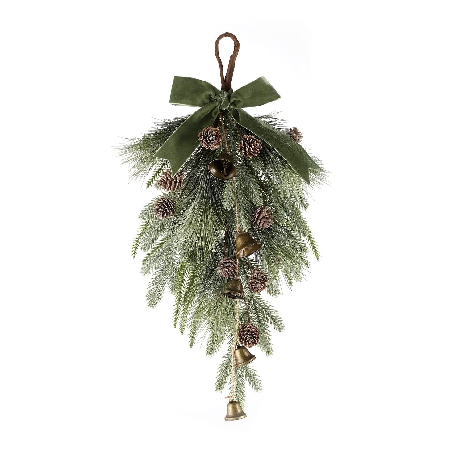 LampLust Winter Swag for Front Door, 18 Inch Greenery Swag with Bells, Pinecones & Ribbon, Teardrop Swags for Decorating, Floral Swags for Winter Wedding Decor, Wall & Window Decor, Front Door Swag - Image 3