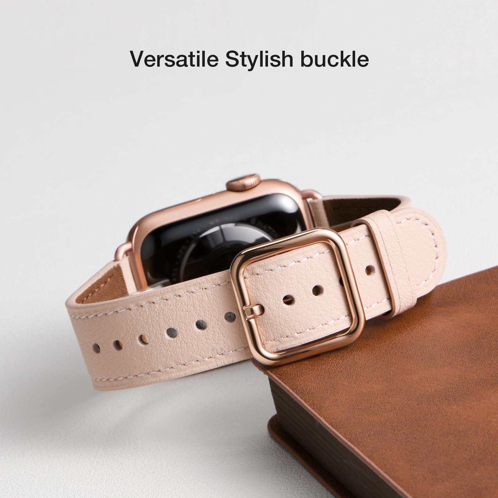 MNBVCXZ Compatible with Apple Watch Band 38mm 40mm 41mm 42mm 44mm 45mm 46mm 49mm Women Men Genuine Leather Replacement Strap for iWatch Series 10 9 8 7 6 5 4 3 2 1 SE Ultra (Pink Sand/Rose Gold) - Image 5