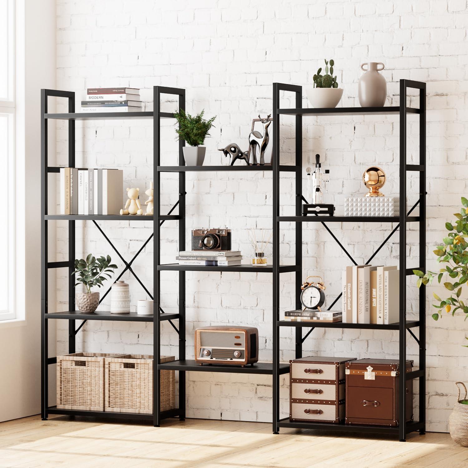 NUMENN Triple Wide 4 Tier Bookshelf, Adjustable Rustic Industrial Style Bookcases with 11 Open Display Shelves, Modern Tall Bookcase Furniture for Bedroom, Living Room and Home Office, Black - Image 2