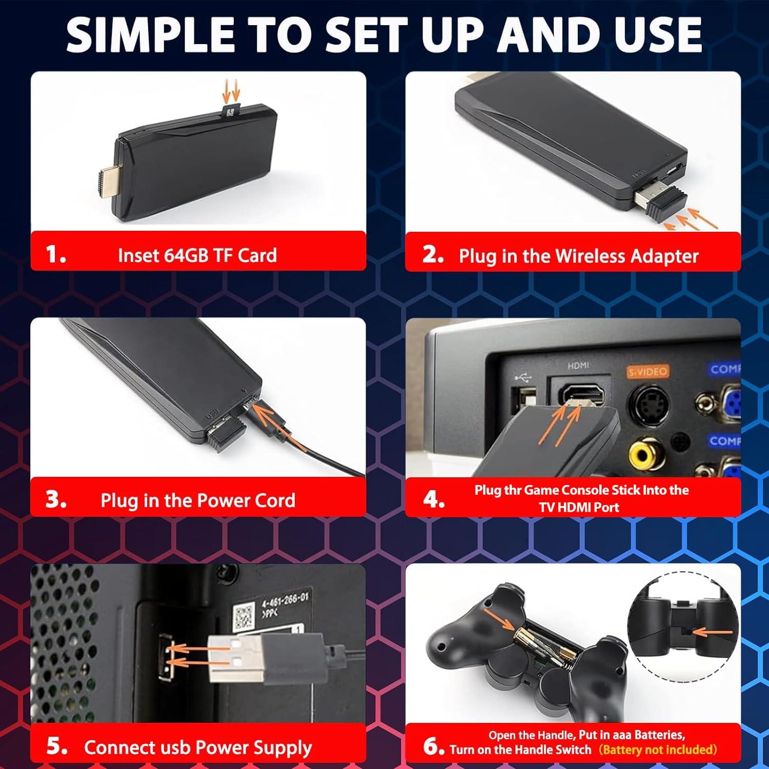 Upgrade Wireless Retro Game Console Stick, ZeroStory Retro Video Game Console Stick Built in 20000+ Games with 15 Emulators, 4K HDMI Output with 2 2.4G Wireless Controllers (64GB Memory Card) - Image 6