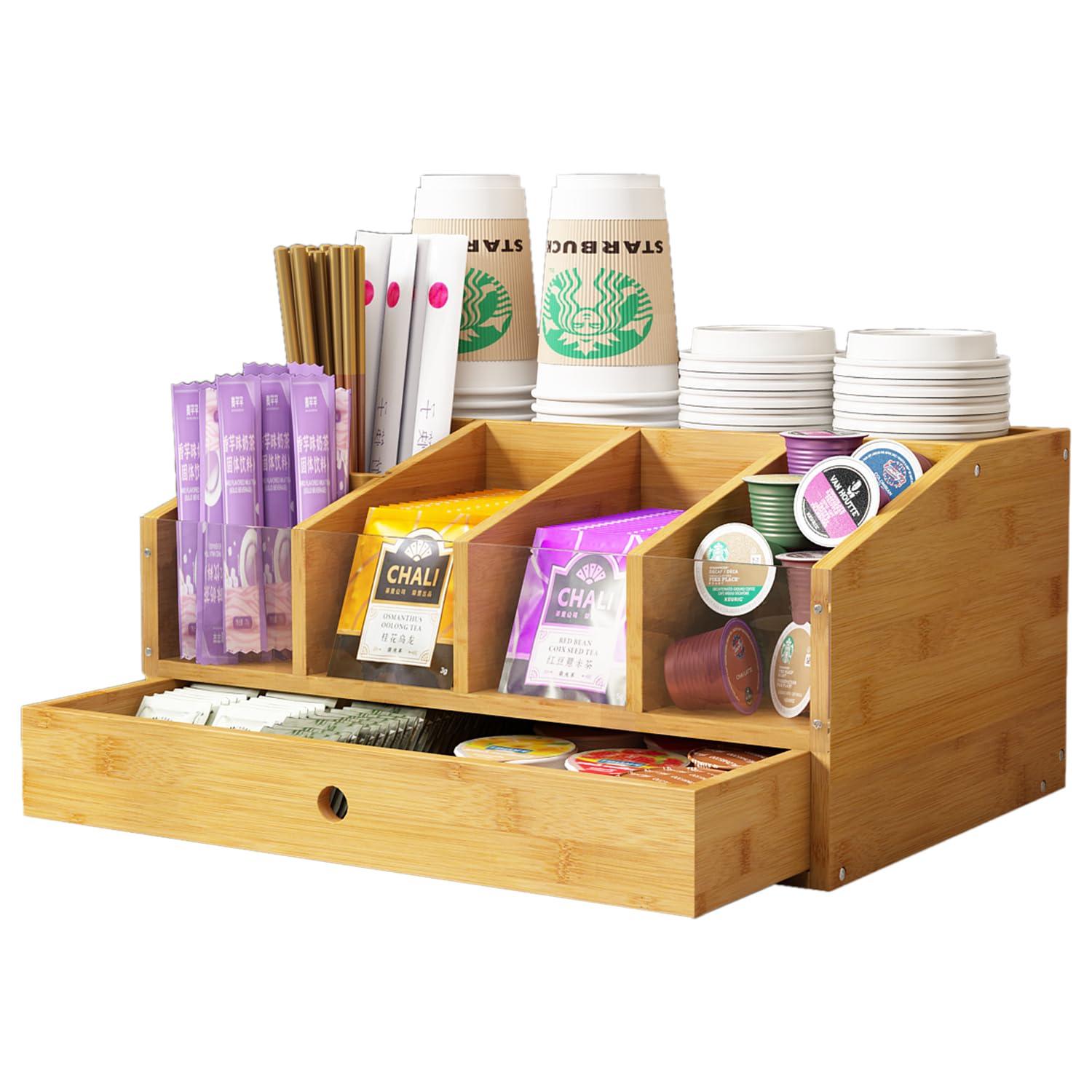 AEEHFENG Coffee Station Organizer for Countertop Coffee Condiment Organizer, Office Coffee Station, Small Cute Coffee Bar Organizer – Bamboo & Wooden Storage with Removable Dividers & Drawer