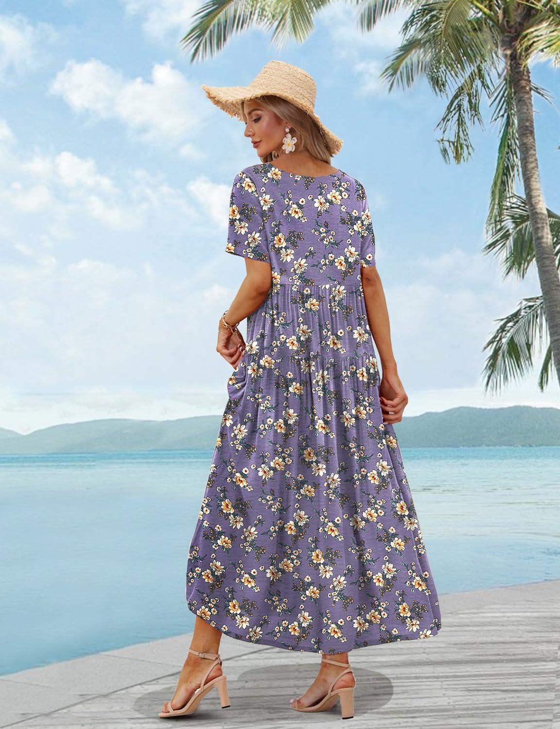 YESNO Women Casual Loose Bohemian Floral Dress with Pockets Short Sleeve Long Maxi Summer Beach Swing Dress EJF - Image 4