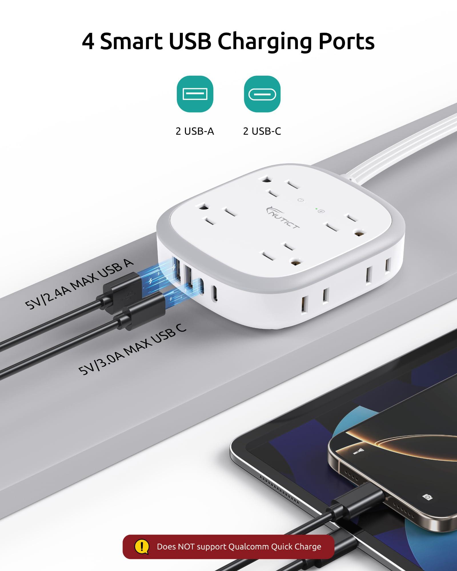 NUTICT Power Strip with USB C, Flat Plug Surge Protector, 8 Widely-Spaced Outlets & 4 USB (2 USB C), 5ft Extension Cord with Multiple Outlets, Travel Power Strip, 1700J, Compact for Home Office - Image 3
