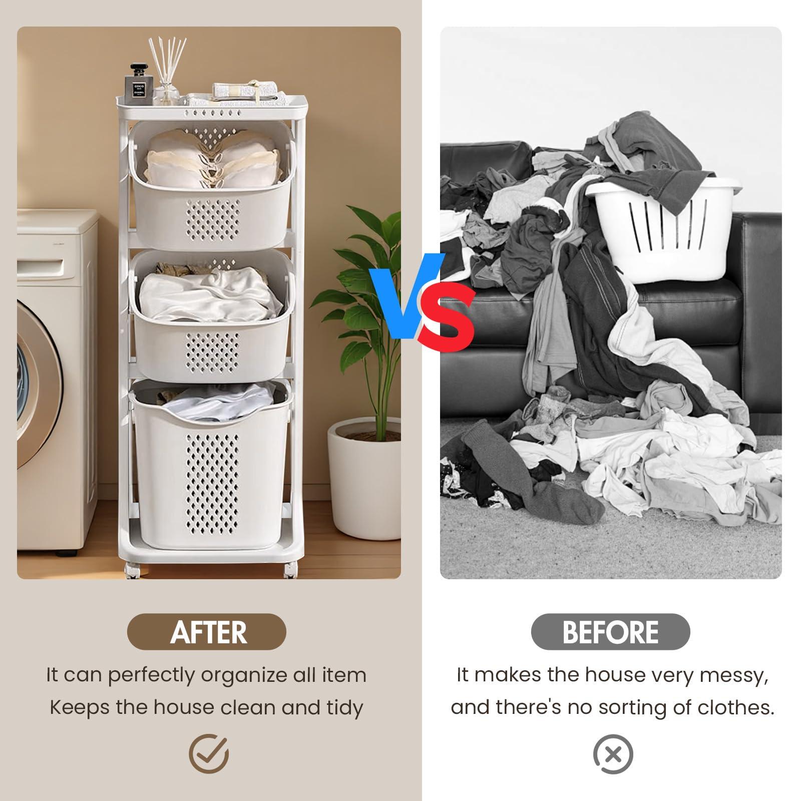 BAOKALER Rolling Laundry Hamper Cart with Wheels, 3 Tier White Laundry Baskets, Clothes Hamper with Portable Storage Baskets for Kitchens, Bathrooms, Bedrooms, Classrooms, Laundry Rooms - Image 8