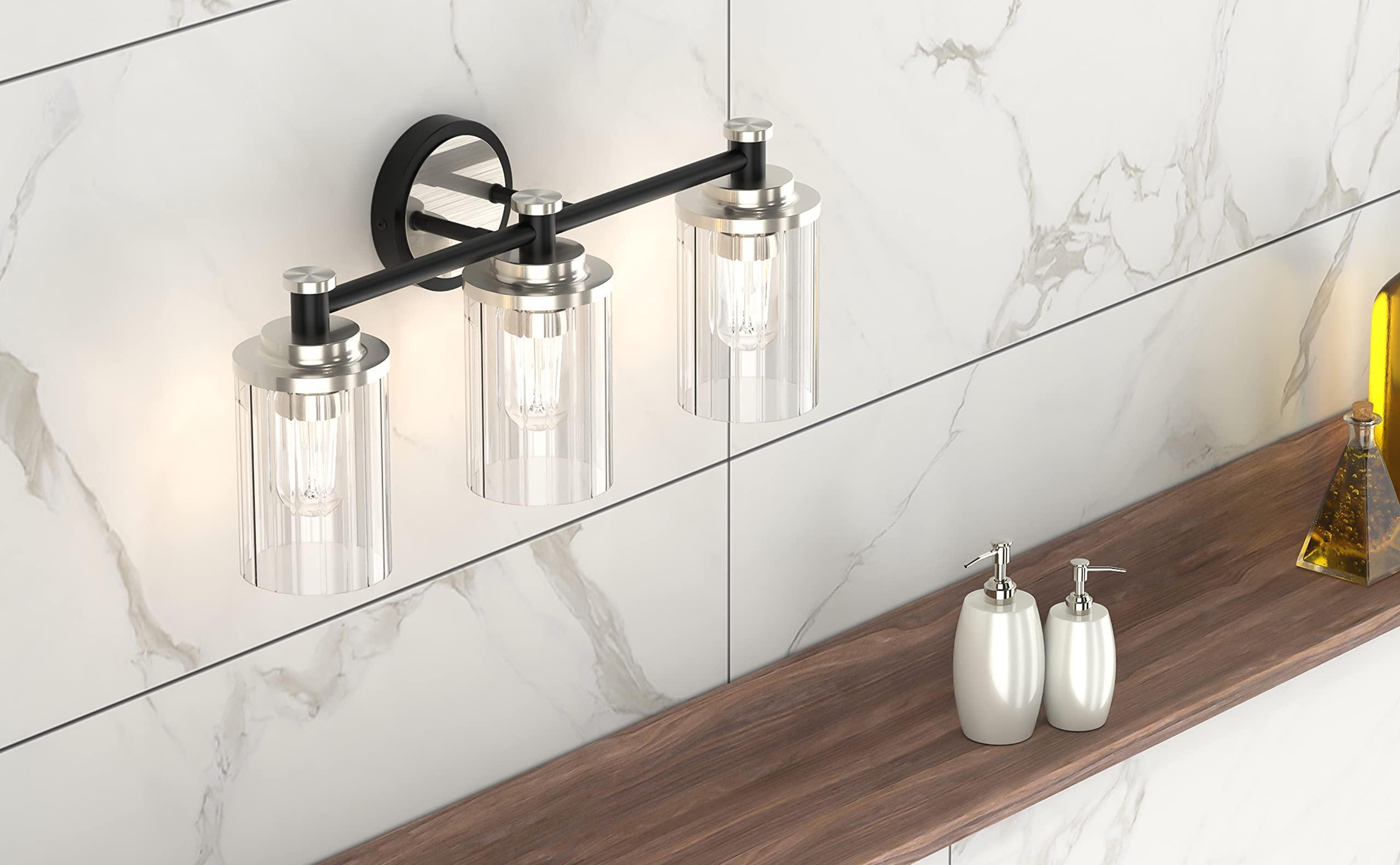 PHIXART Bathroom Lighting Fixtures Black and Brushed Nickel Bathroom Vanity Light with Cylindrical Clear Stripes Glass Lampshade E26 Socket Base Bathroom Lighting Fixtures Over Mirror (3 Lights) - Image 4