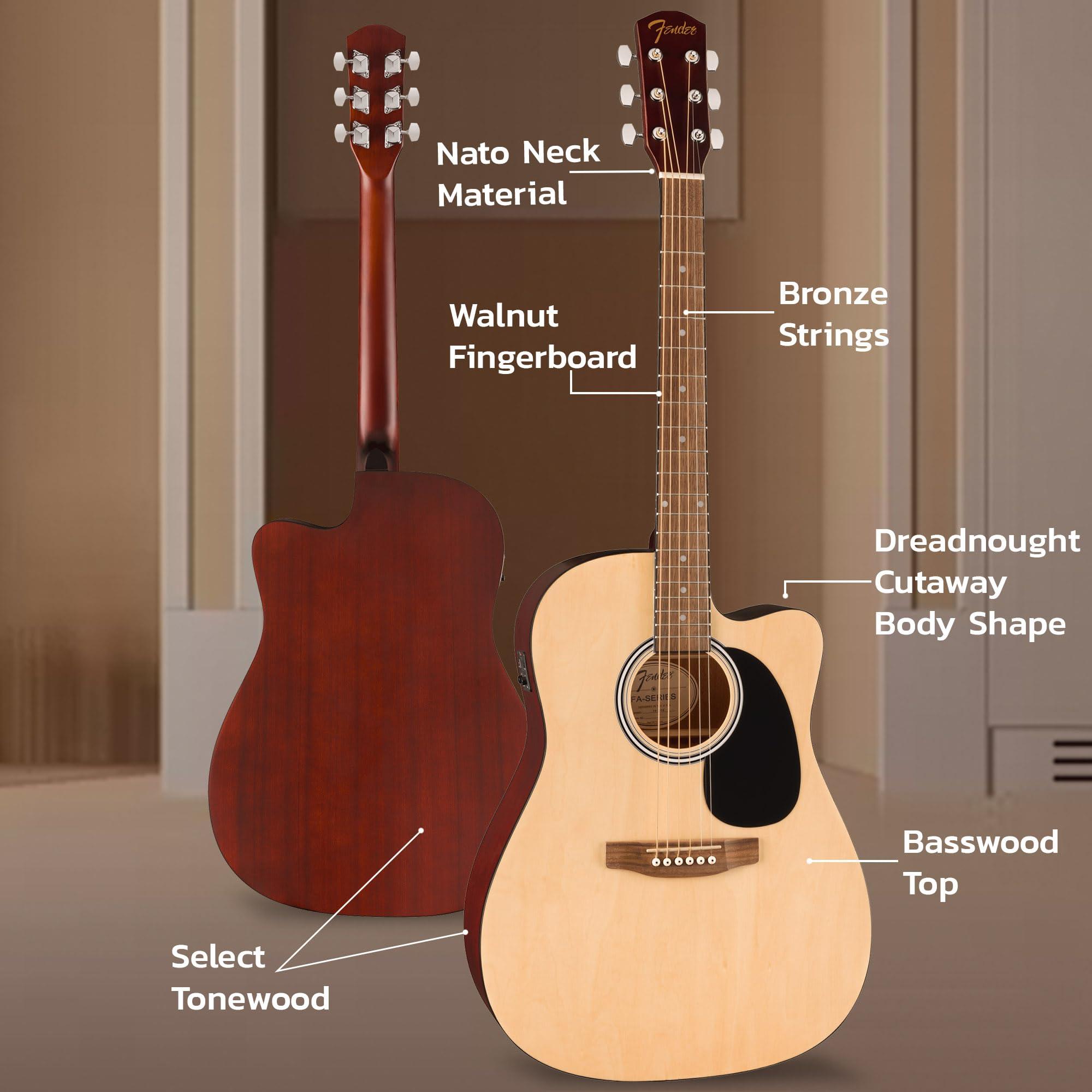 Fender Dreadnought Acoustic-Electric Guitar - Natural Bundle with Gig Bag, Strap, Strings, Picks, and Austin Bazaar Instructional Video - Image 5