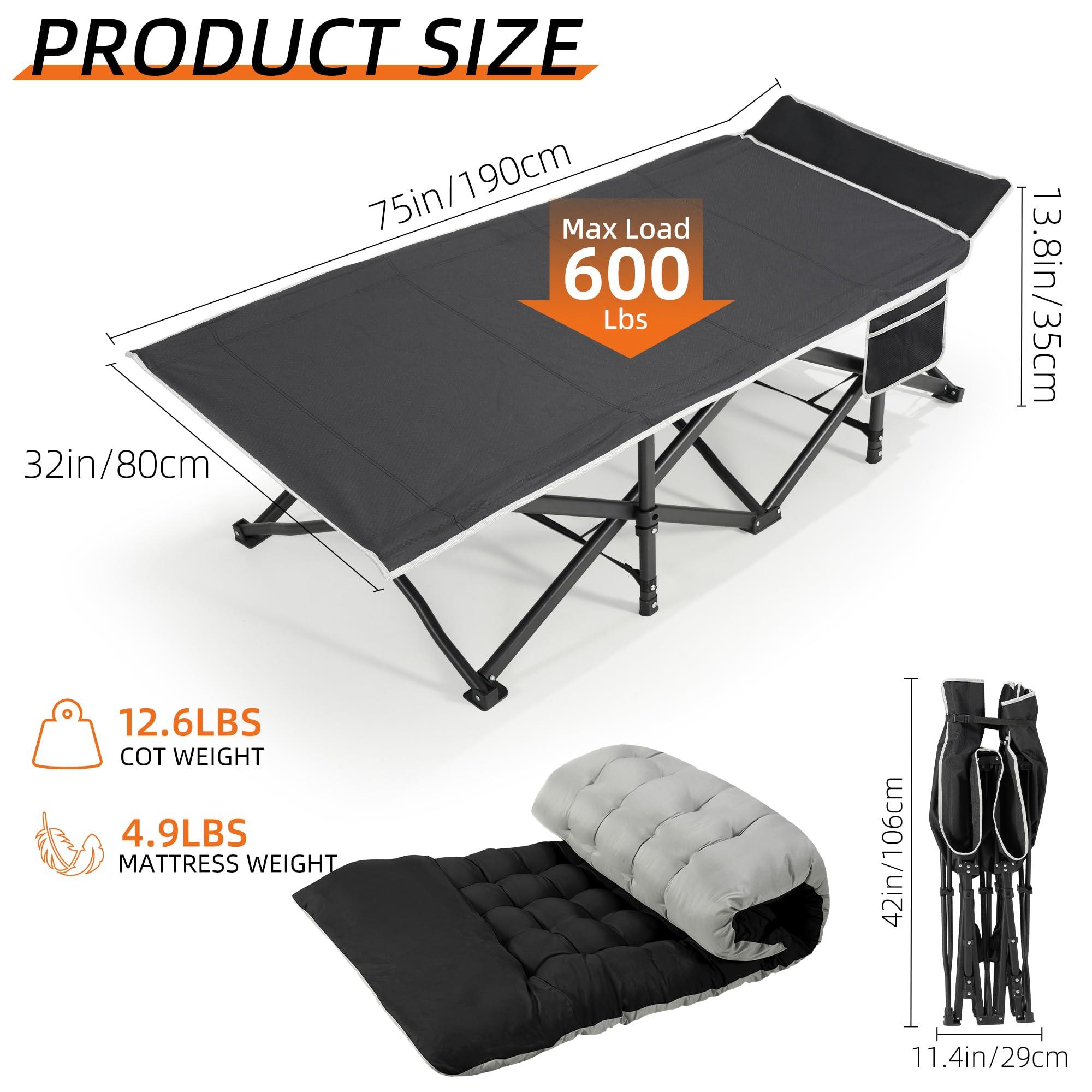 Fragess Portable Camping Cot, 32" Extra Wide Camping Cots for Adults with Thick Mattress, Heavy Duty Sleeping Cot Holds Up to 600LBS, Cots for Sleeping, Rv, Beach, Patio, Office Naps(Black) - Image 2