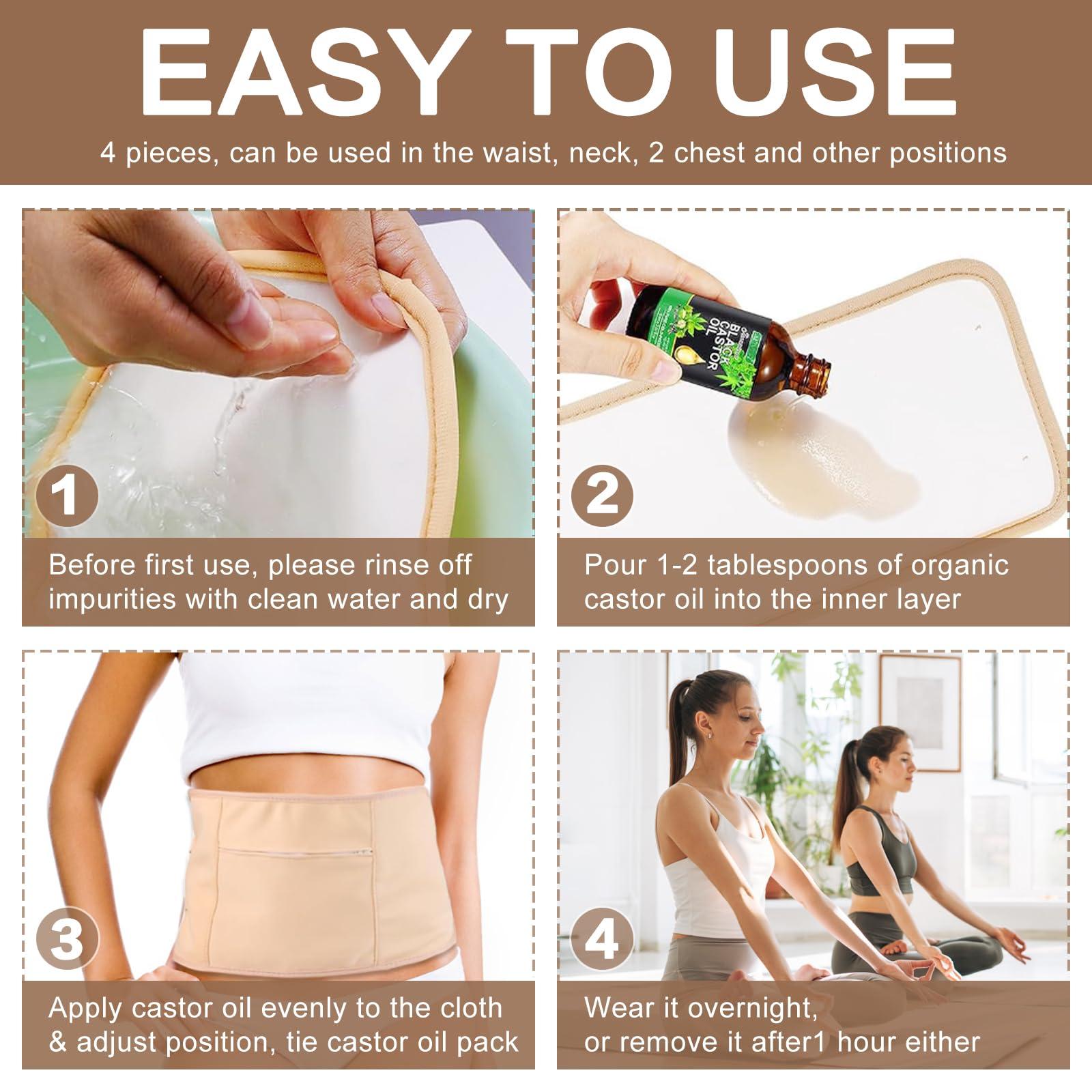 5 Pcs Castor Oil Pack Wrap, Castor Oil Organic Cold Pressed Unrefined Glass Bottle, Caster Oil Wrap for Stomach, Neck, Knee, Foot & Entire Body, Organic Cotton Reusable Pads Kit for Hot/Cold Compress - Image 7