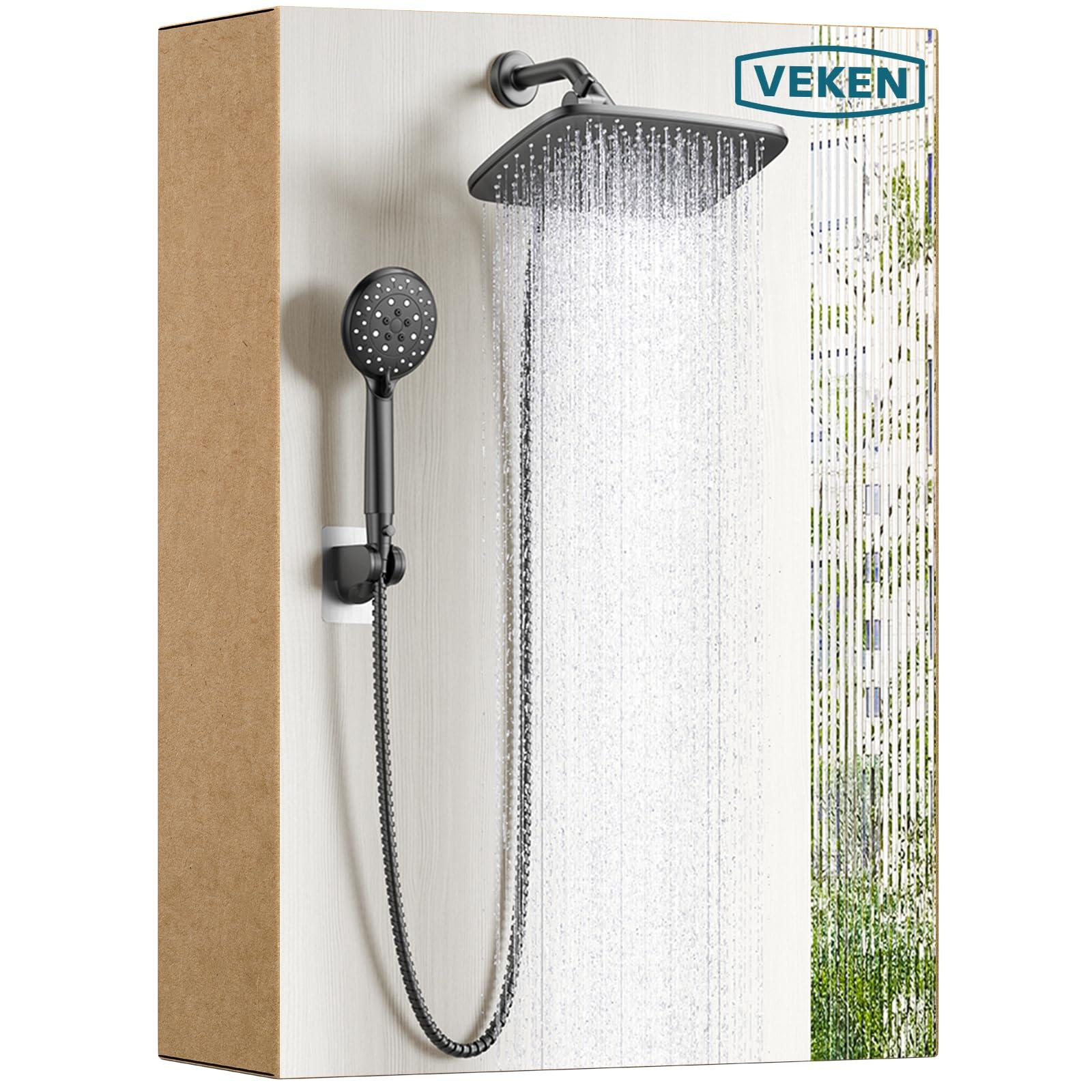Veken 11.8 Inch Rain Shower Head with Handheld- High Pressure Dual Shower Heads with 5 Modes Handheld Spray Combo- Wide Rainfall Showerhead with Hose, Bathroom Accessories, Matte Black