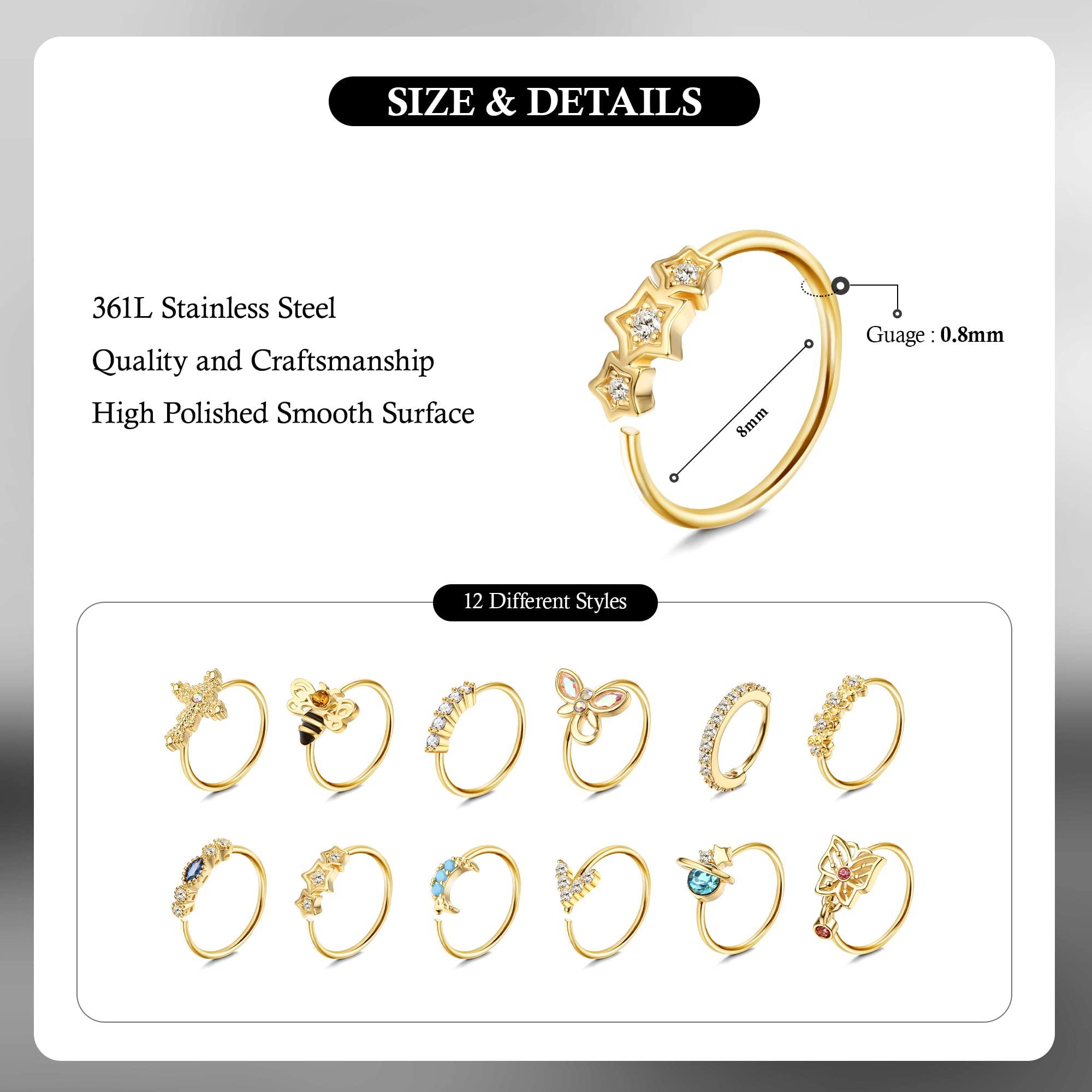 Dochais 12PCS Nose Rings Hoop 20G Nose Rings for Women Surgical Stainless Steel Nose Piercing Dangle Nose Ring Cartilage Earring Jewelry - Image 2