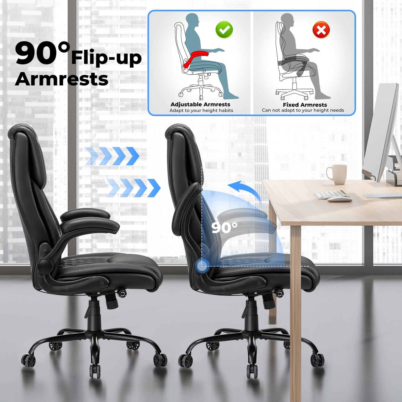Big and Tall Office Chair 450lbs Heavy Duty Ergonomic Executive Desk Chair with Adjustable Lumbar Support High Back Home Computer Leather Chair with Padded Flip-up Arms for Heavy People Black - Image 8