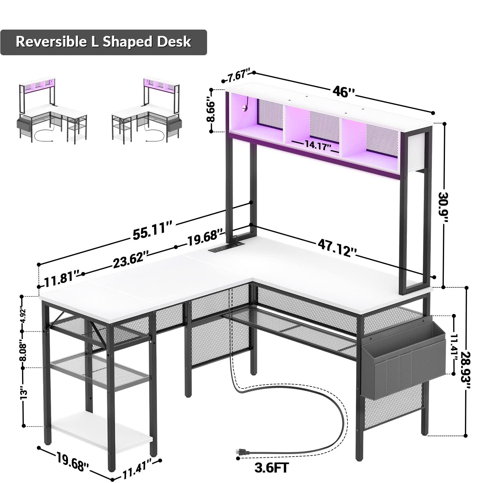 Unikito L Shaped Computer Desk with LED Strip and Power Outlets, Storage Shelves and Bag, Industrial Reversible Gaming Table Writing Corner Desk for Home Office Workstation, White - Image 3