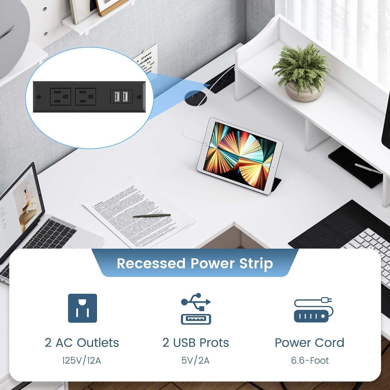 White L Shaped Desk with 3 Drawers, 60 inch Corner Desk with Moveable Hutch and Power Outlet, Large Home Office Corner Computer Desk with Storage File Cabinet - Image 5