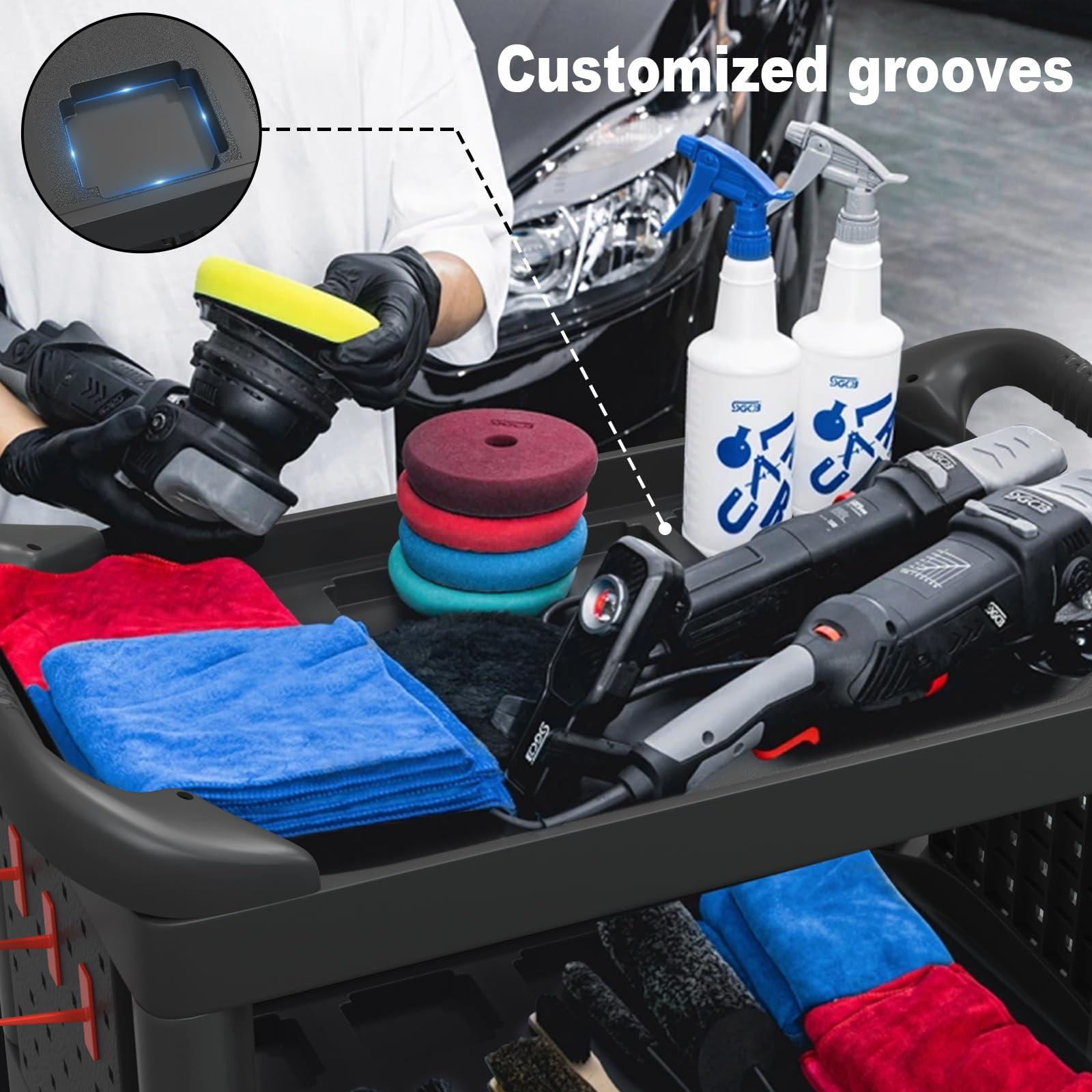 Wanmwill 3 Tier Car Detailing Cart, Auto Detail Cart with Wheels, Car Wash Detail Trolley with Side Hanging Plate & Hooks, Detailing Tool Organizer Cart for Mechanics & Detailers（Black） - Image 6