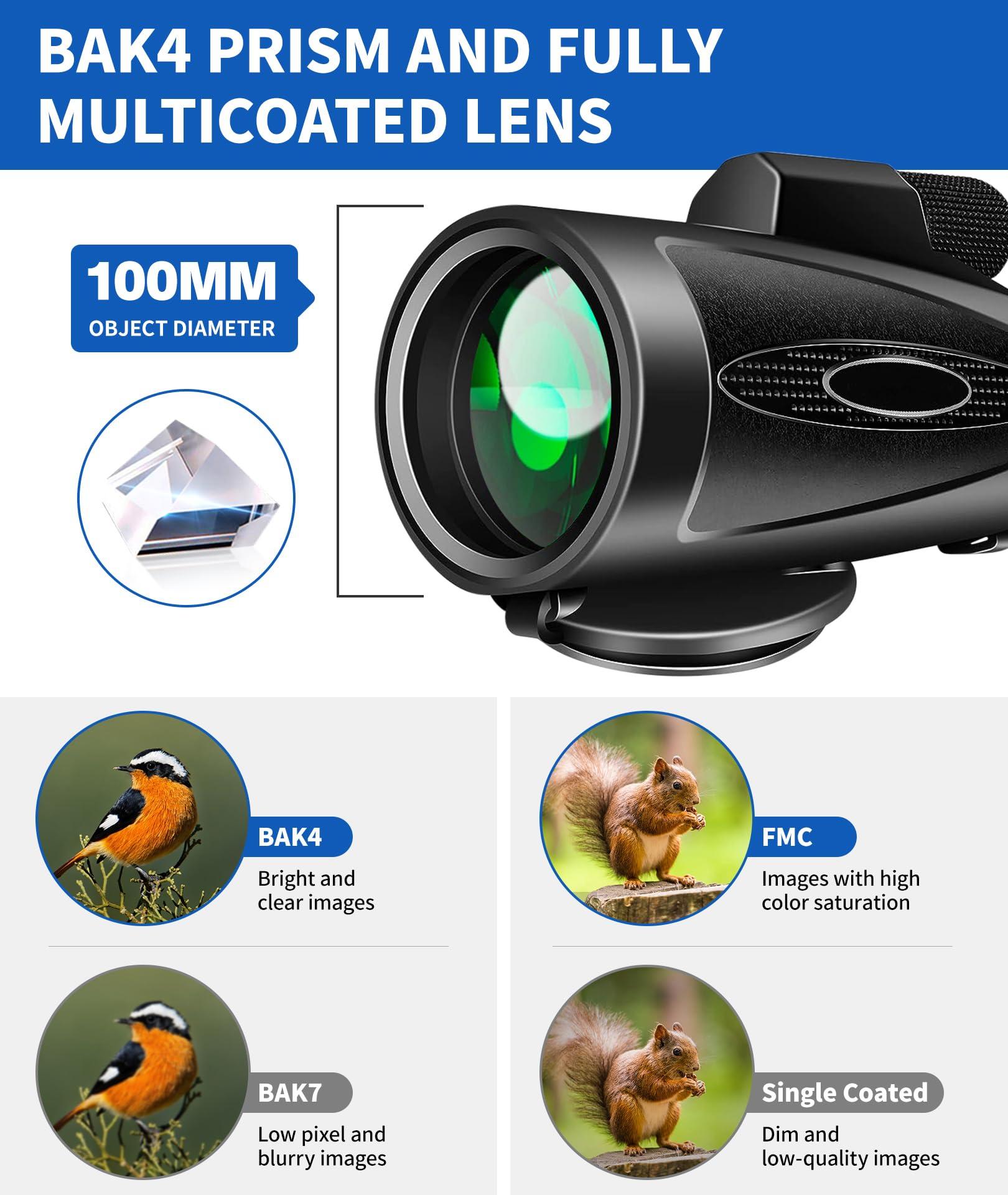 Monocular Telescope 80x100 High Power with Smartphone Adapter Tripod,Larger Vision Monoculars for Adults with BAK4 Prism & FMC Lens, Suitable for Bird Watching Hunting Hiking Camping Wildlife-Black - Image 5