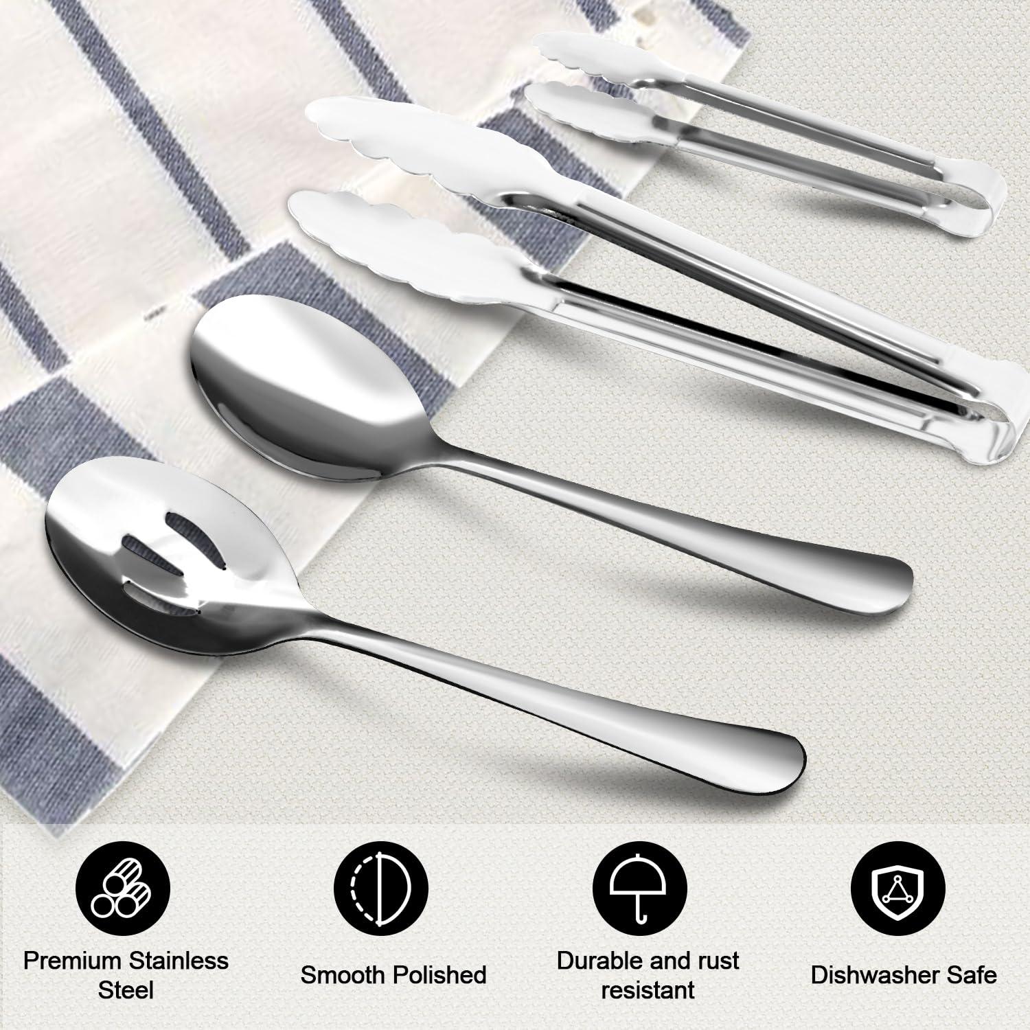 12PCS Stainless Steel Serving Utensils Sets - Large Serving Spoons,Slotted Spoons,Serving Tongs,Appetizer Tongs,Utensills Sets for Buffet Catering Banquet Party (Silver) - Image 4