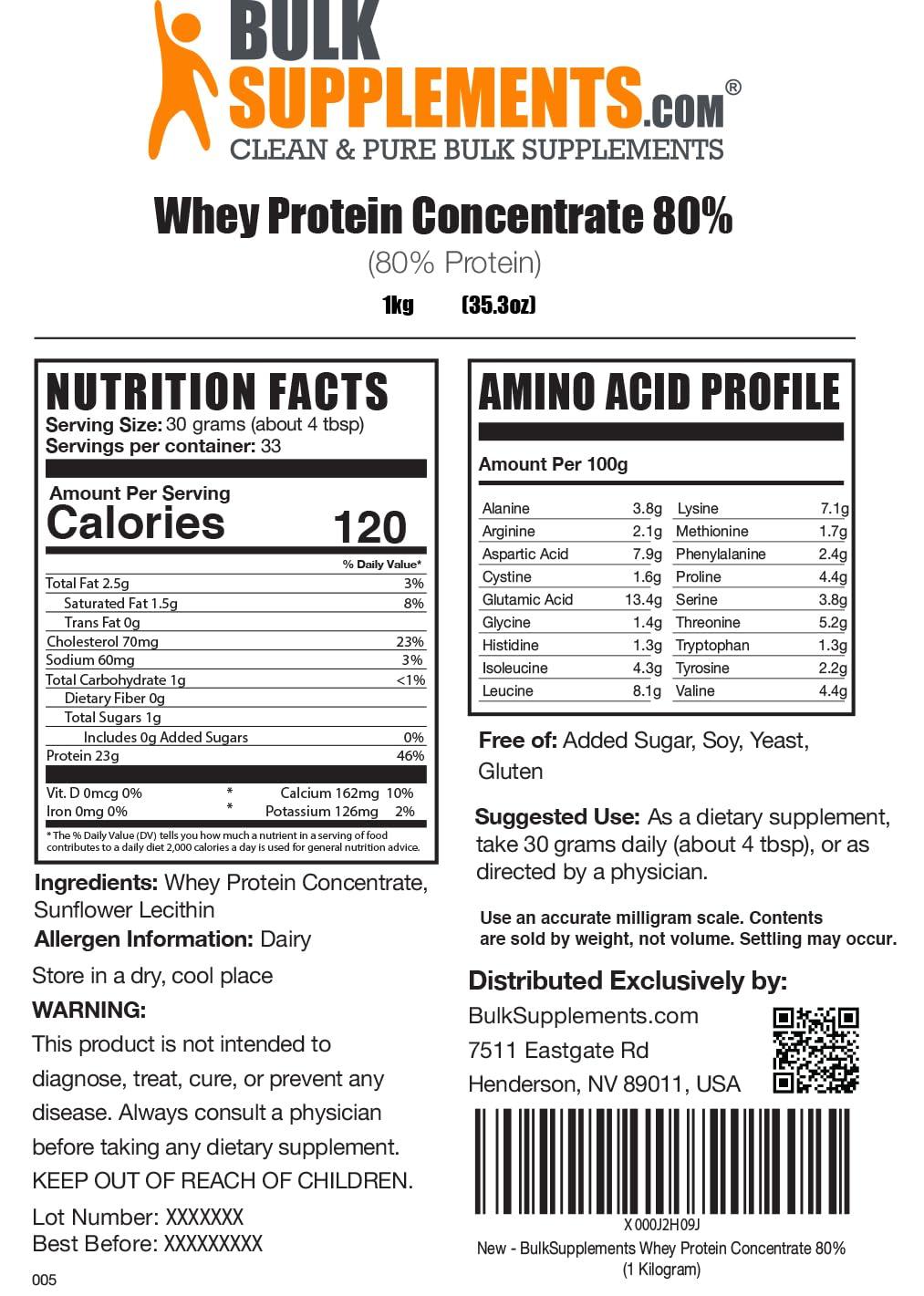 BulkSupplements.com Whey Protein Concentrate Powder - Whey Protein Powder Supplement, Unsweetened, Unflavored & Gluten Free, 30g per Serving, 1kg (2.2 lbs) (Pack of 1) - Image 6