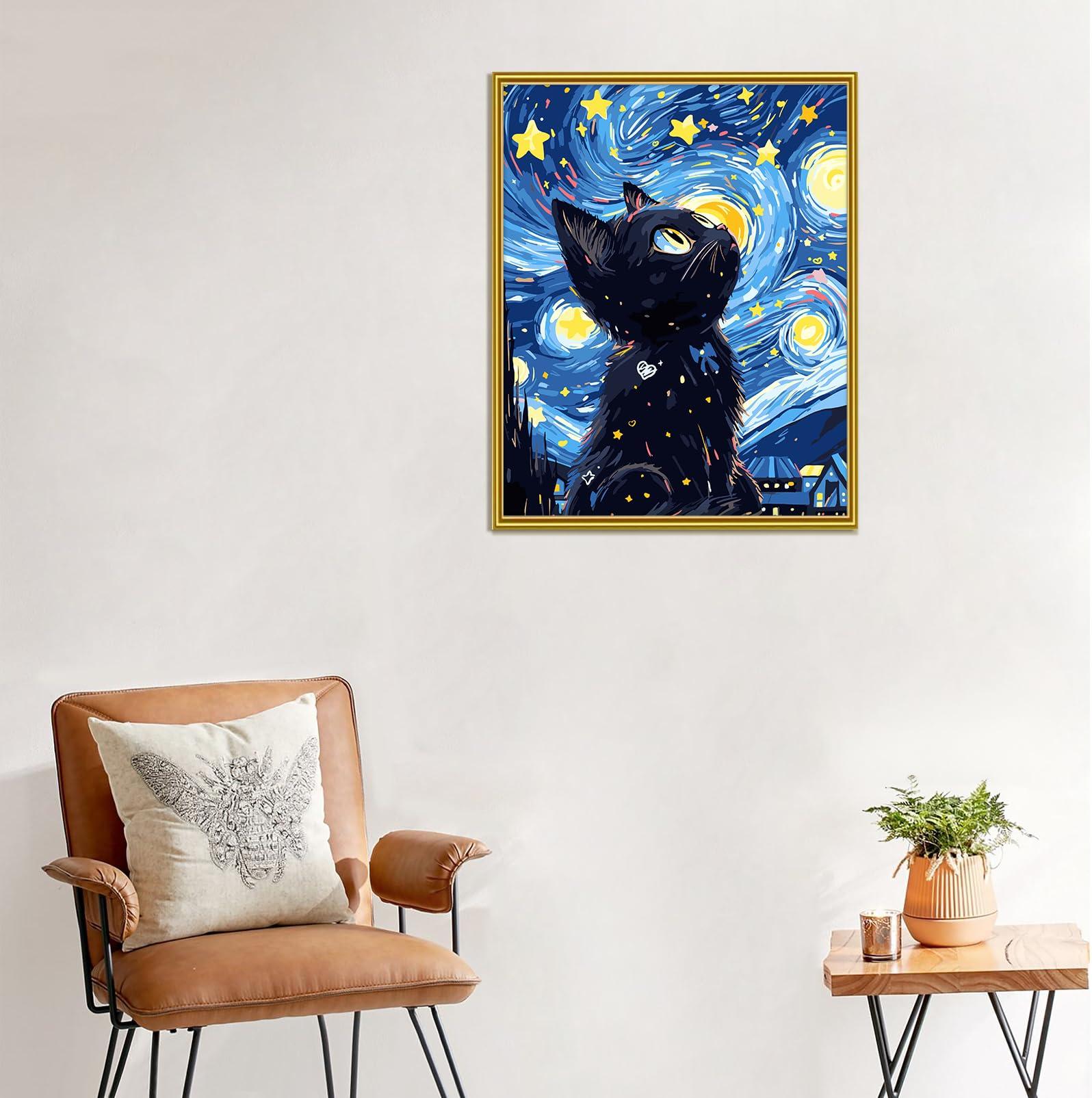 Yunnuo Paint by Numbers for Adults Black Cat, Paint by Numbers Kit on Canvas for Beginners, Starry Night Number Painting Set Craft Supplies, 3 Paintbrushes and Acrylic Paint 16x20 Inch - Image 3