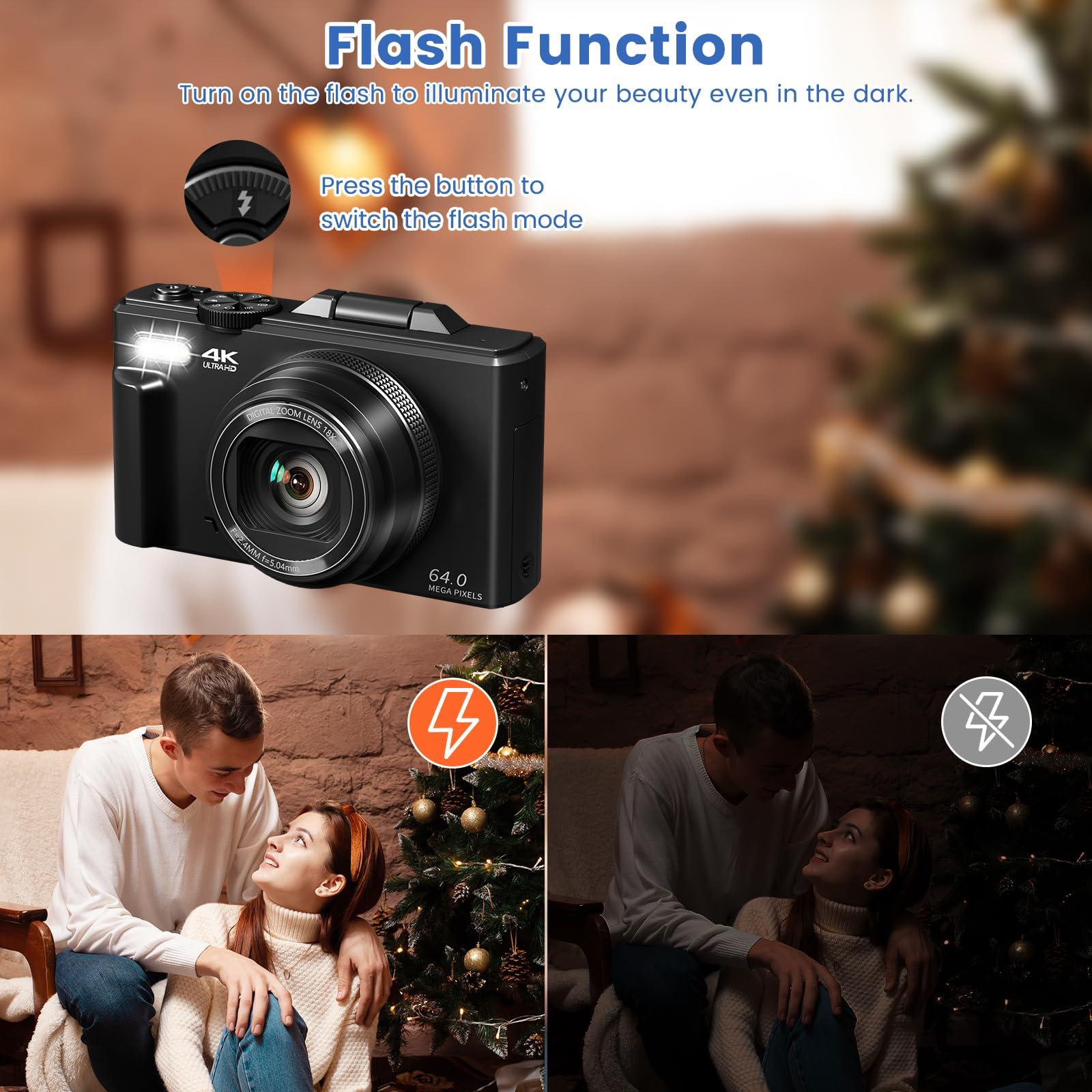 4K Digital Camera for Photography with 3" 180°Flip Screen,64MP Vlogging Camera for YouTube, HD WiFi Compact Camera with Flash, 18X Digital Zoom, 32GB TF Card & 2 Batteries（Black） - Image 6
