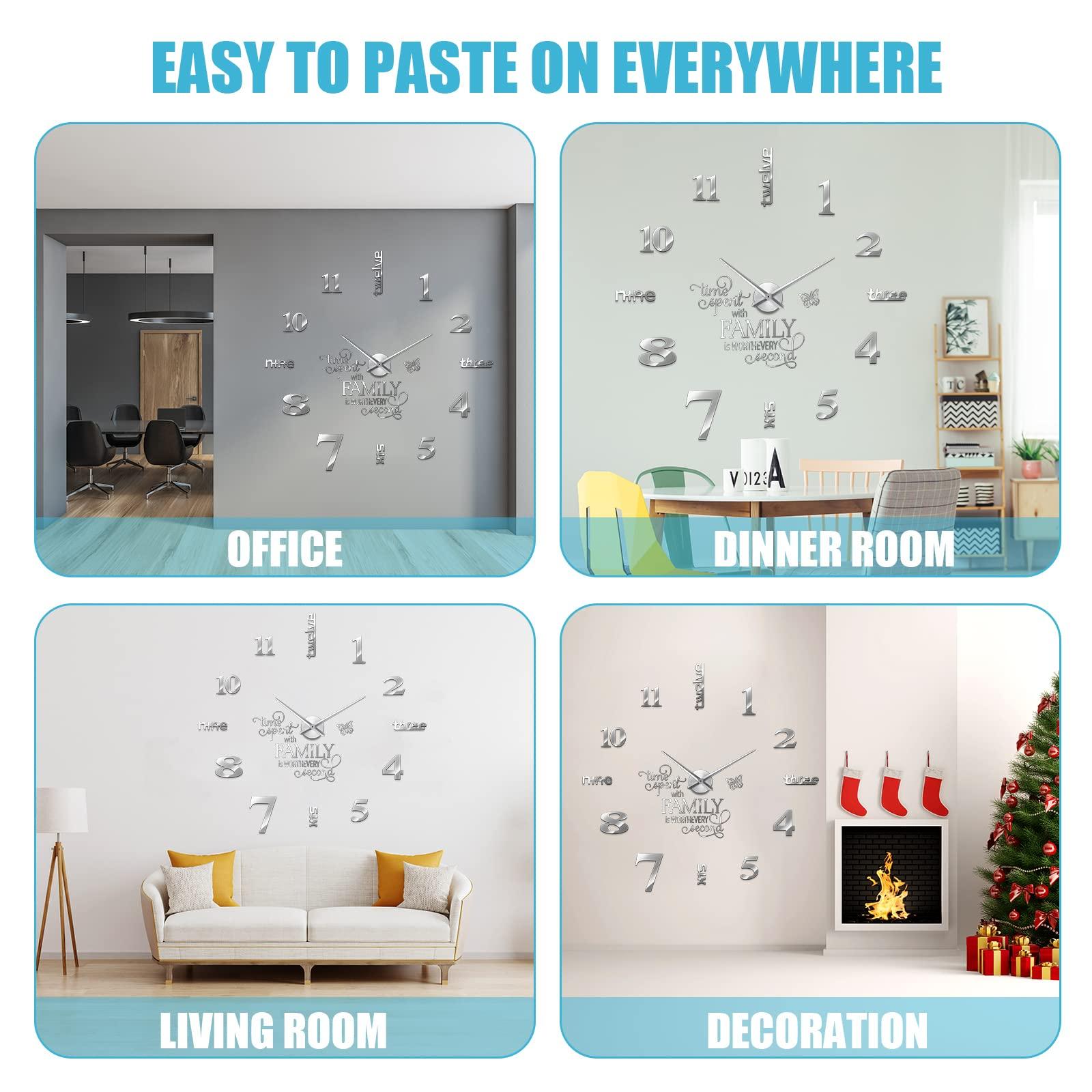 Junkin 3D Large Frameless DIY Wall Clock Modern Decor Family Quote Wall Stickers Clock Kit for Home Living Room Bedroom Office Decorations Adjustable Size(Silver) - Image 6