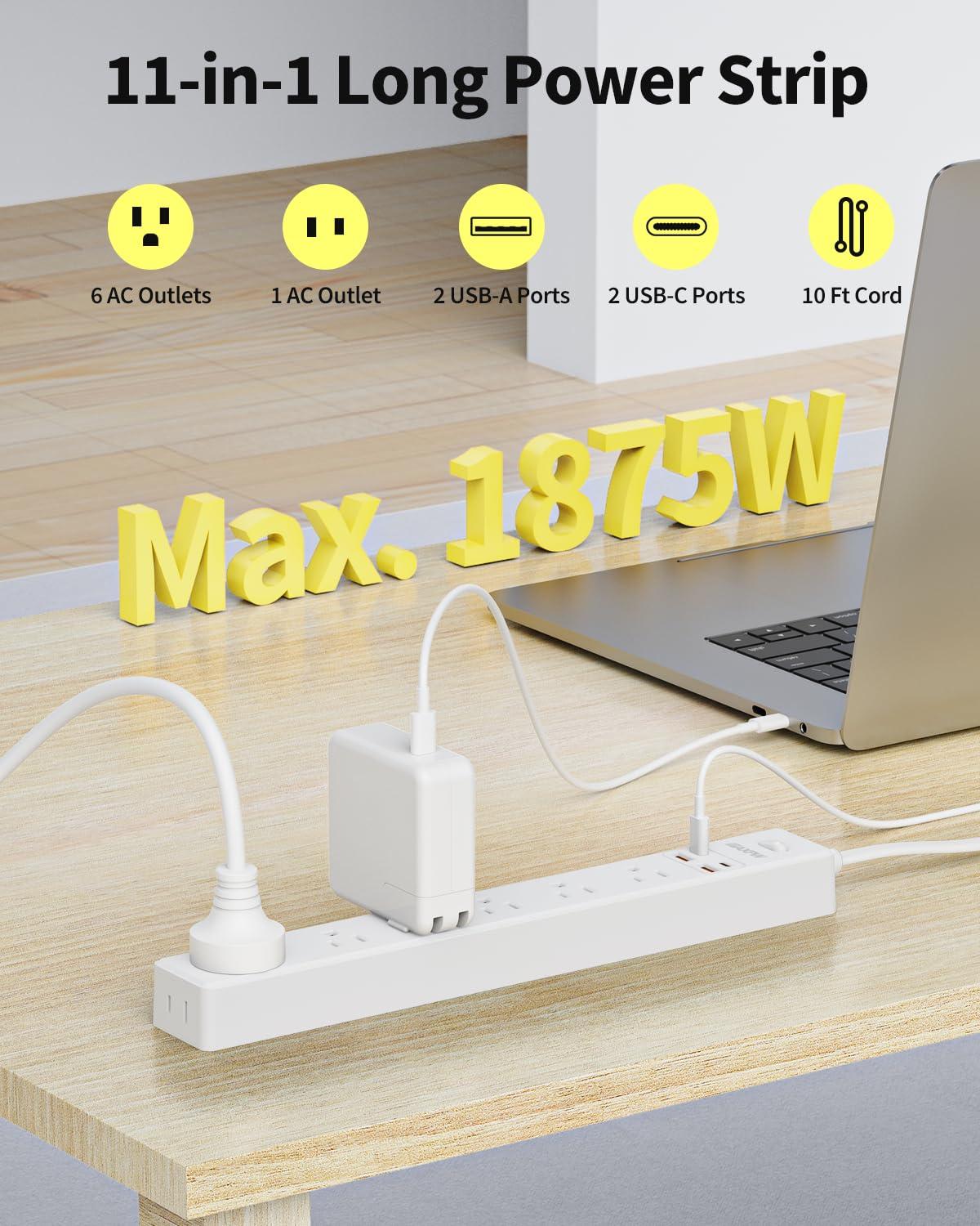 10 Ft Power Strip Surge Protector - 7 Outlets 4 USB Ports (2 USB C), Ultra Thin Flat Extension Cord & Flat Plug, 1700 Joules, Wall Mount, Desk Charging Station for Home Office Dorm, White - Image 2