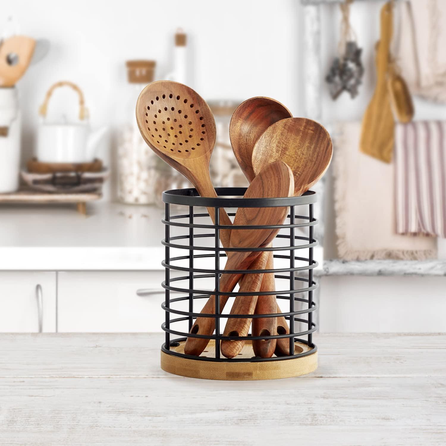 WDT Tool Utensil holder for Kitchen Counter - 5.2" x 5.2" x 6" Large Round with Wooden Base Matte Black Cooking Utensil Holder Utensil Organizer (Metal+Bamboo) - Image 2