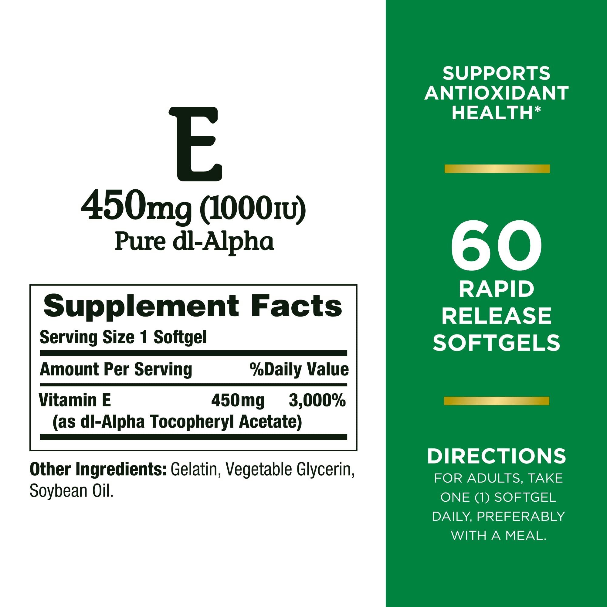 Nature's Bounty Vitamin E 1000 IU Softgels, Supports Antioxidant Health & Immune System, 1 Pack, 60 Softgels - Image 2