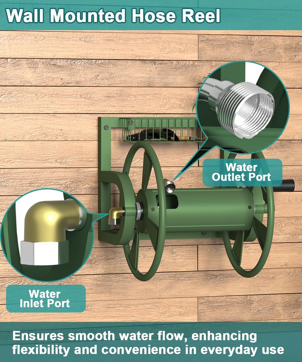 Artigarden Garden Wall Mounted Hose Reel, Outdoor Heavy-Duty Water Hose Holder Winder, Holds 125 Feet of 5/8-Inch Hose, with 3.9 ft Leader Hose, Brass Fitting and Storage Basket for Yard, Green - Image 7