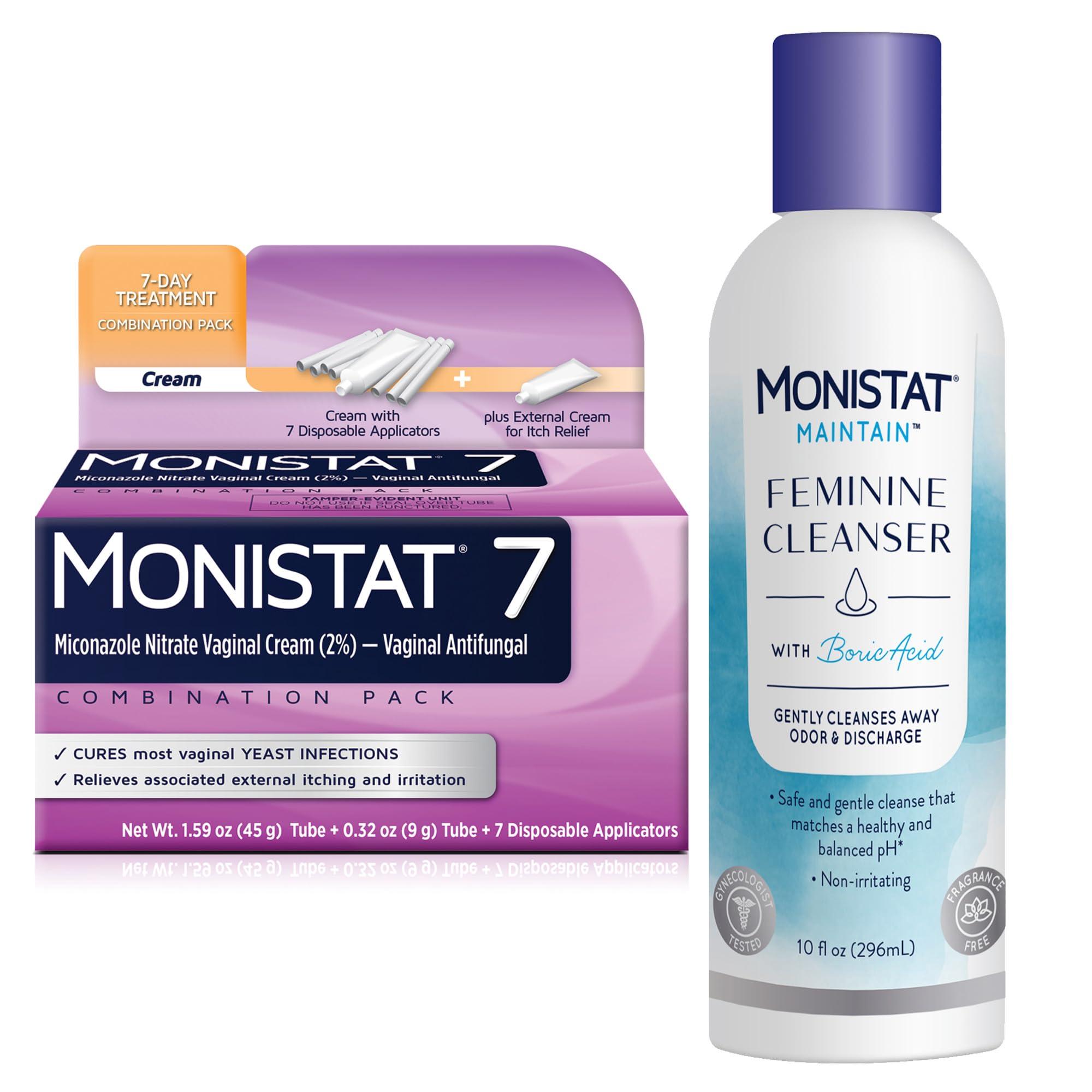 Monistat 7 Day Yeast Infection Treatment for Women, 7 Miconazole Cream Applications with Disposable Applicators + 10 fl oz Boric Acid Feminine Cleanser