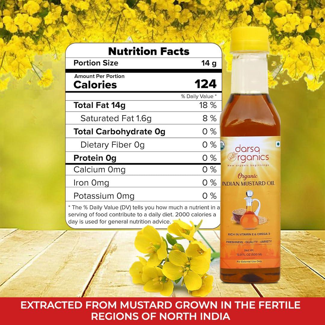 Darsa Organics Cold-Pressed Mustard Oil 16.9 fl oz – USDA Organic, Unrefined & Chemical-Free – Rich in Vitamin E & Omega-3 – Pure Mustard Seed Oil for Hair, Skin & Massage (500ml) - Image 2