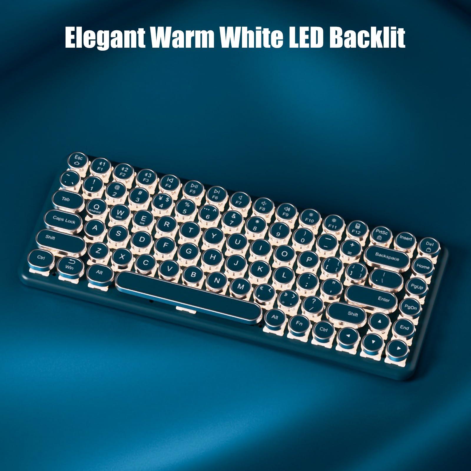 TISHLED Typewriter Keyboard Wireless 2.4GHz/Bluetooth/USB-C Wired Mechanical Gaming Keyboard Warm White LED Backlit 84-Key NKRO Hot Swappable Green Switches Retro Round Keycaps for Multi-Device - Image 5