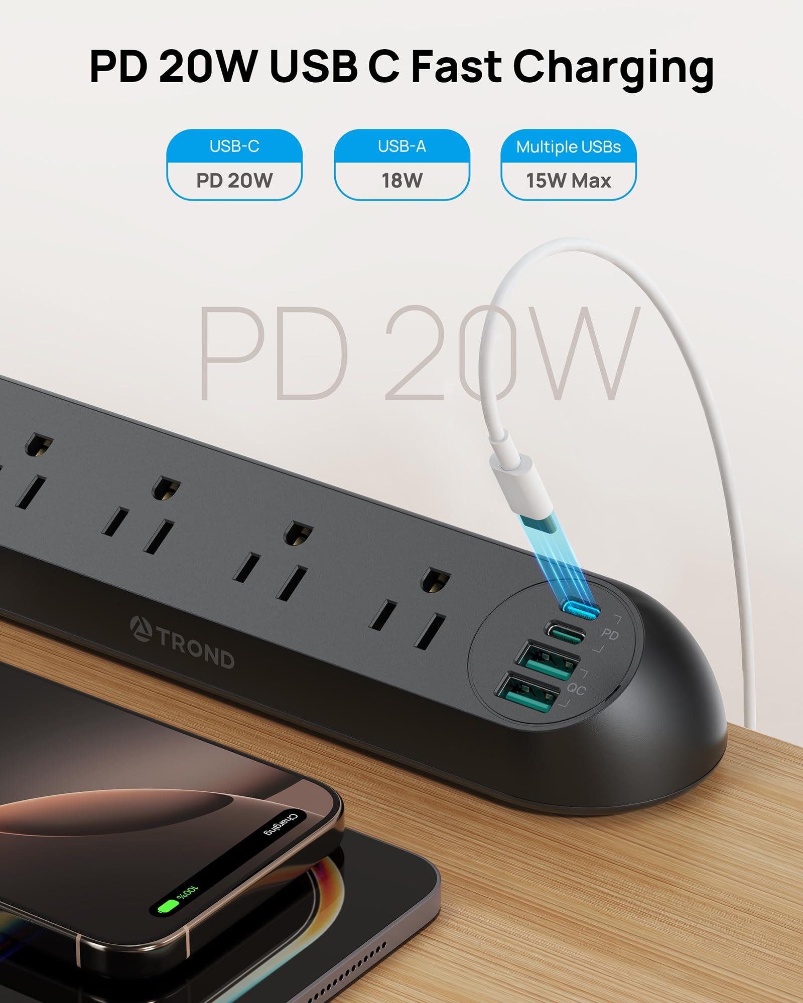 TROND Desk Clamp Power Strip USB C PD 20W- Surge Protector with 4 AC Outlets 4 USB Ports, Flat Plug 6ft Extension Cord, 1700J, ETL Listed, Fits 1.97 inch Tabletop Edge, for Home Office, Black - Image 3
